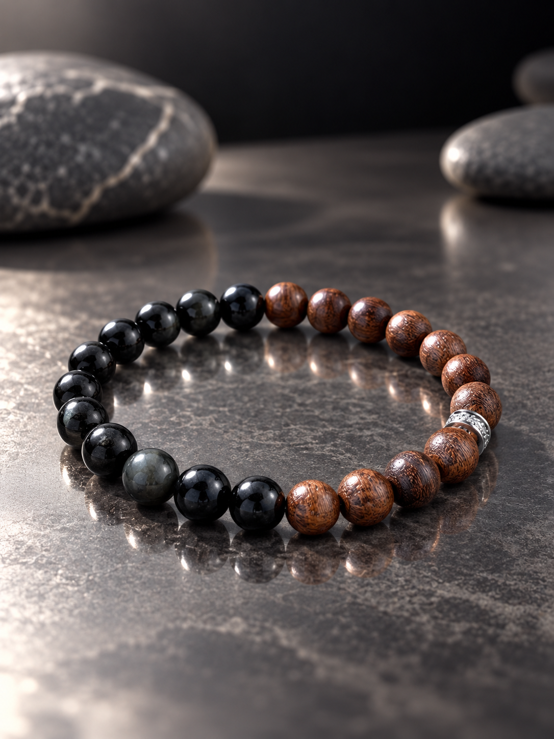 Beaded Bracelet for Him & Her, 8mm sandalwood, 8mm Natural Black Obsidian Elastic Stretch Cord