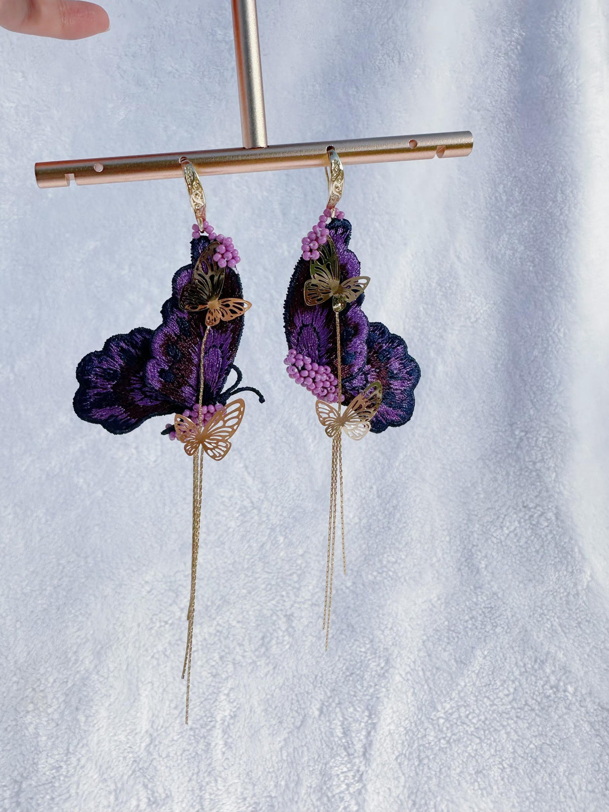 Embroidery Butterfly Dangle Earrings: Gold Plated Hooks, Purple