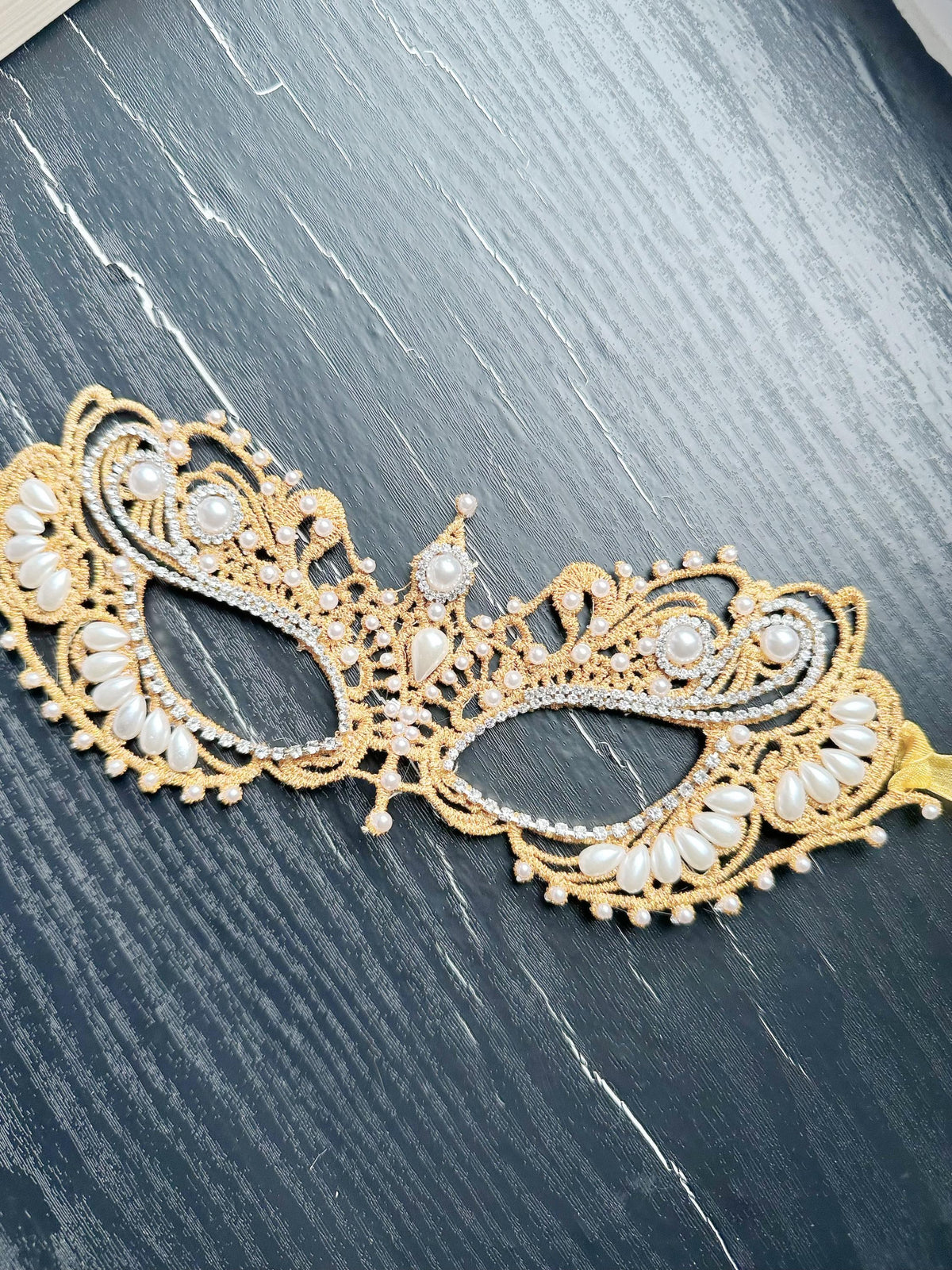 Gold color Lace Masquerade Mask, Embroidered Party Mask with white Resin beads and rhinestone, party mask