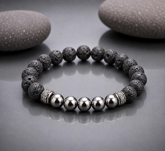 Lava Stone Beaded Bracelet with Black Hematite Black Volcanic Stone Stretch Bracelet - Gemstone Bracelet for HIM AND HER.