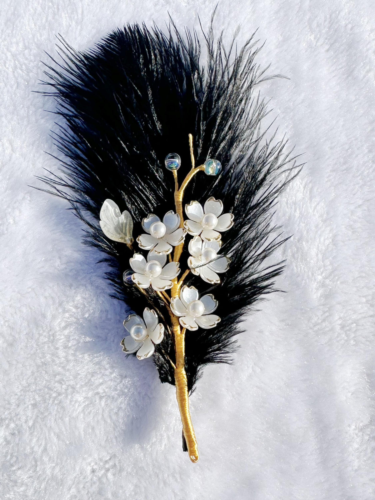 Handmade brooch, white color cherry blossom flowers and Ostrich feather brooch, size 7”x3”