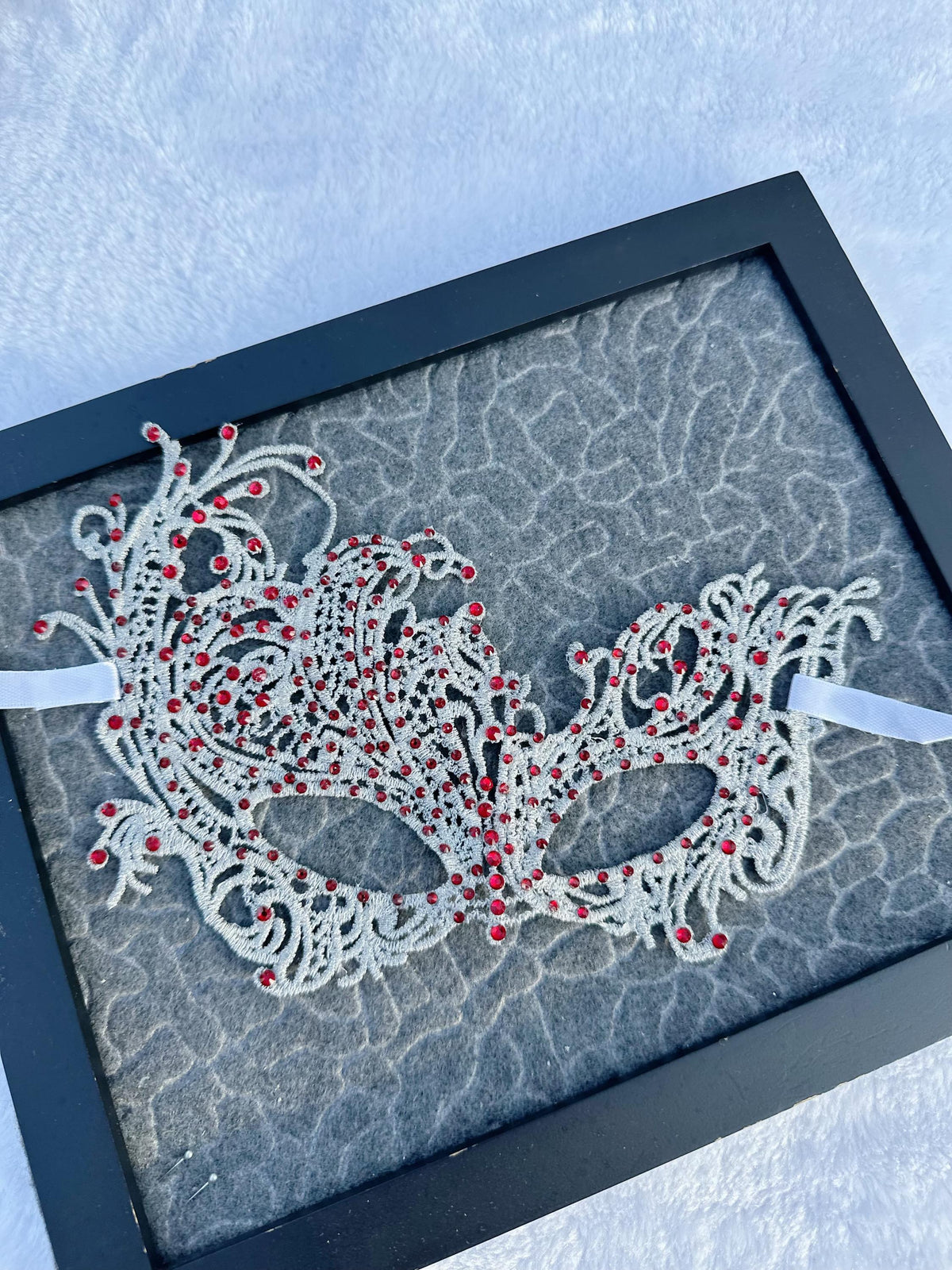 Lace Masquerade Mask: Red Rhinestones, Embroidery, Elastic Ribbon