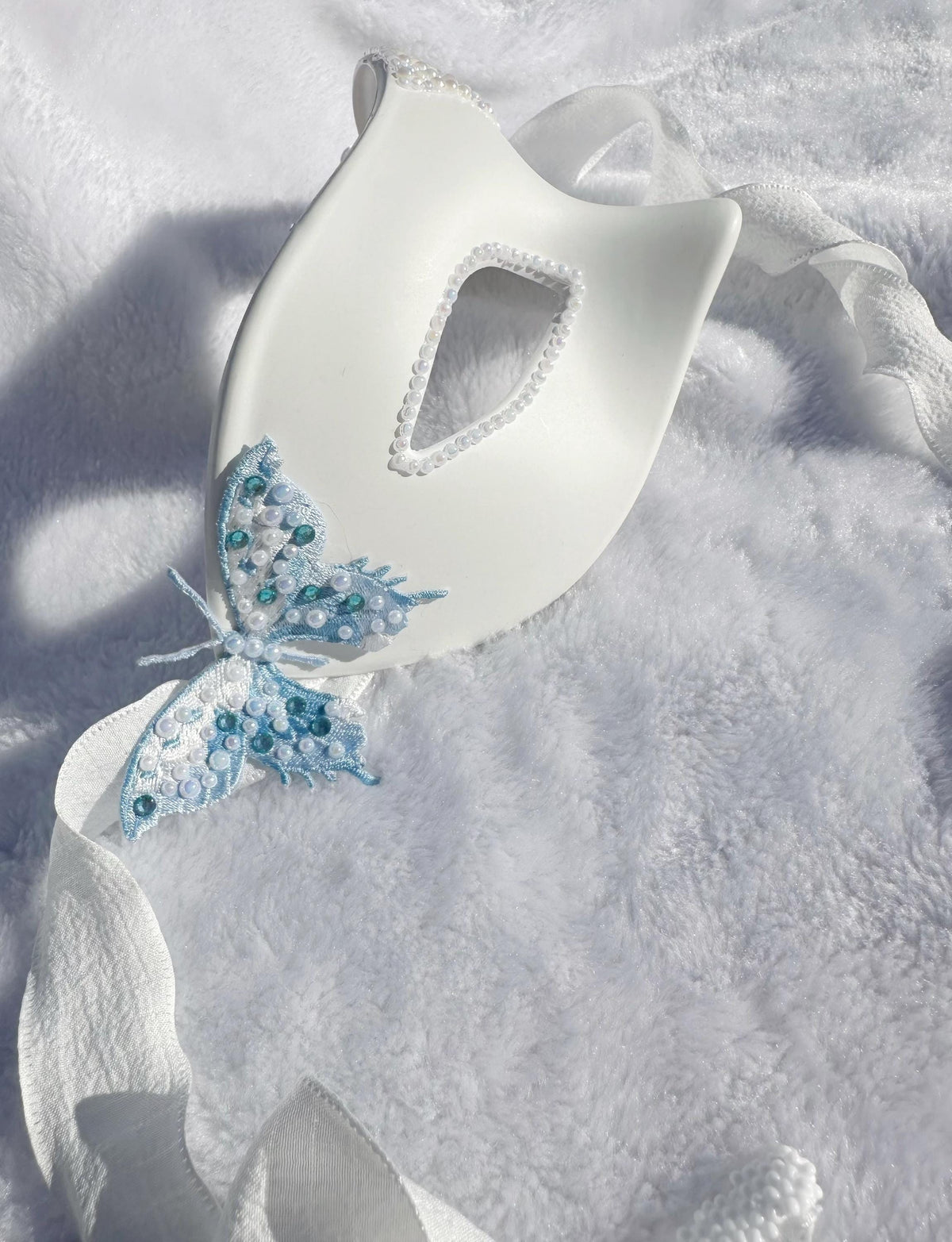White Masquerade Mask with blue butterfly Venetian Style Mardi Gras Ball