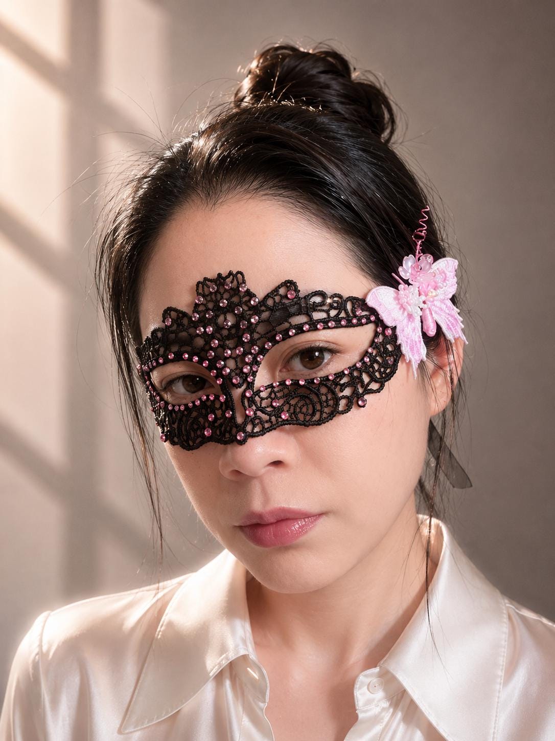Black Lace Masquerade Mask, with Pink Color rhinestone and butterfly, handmade flowers Mask for Ball Party/Halloween