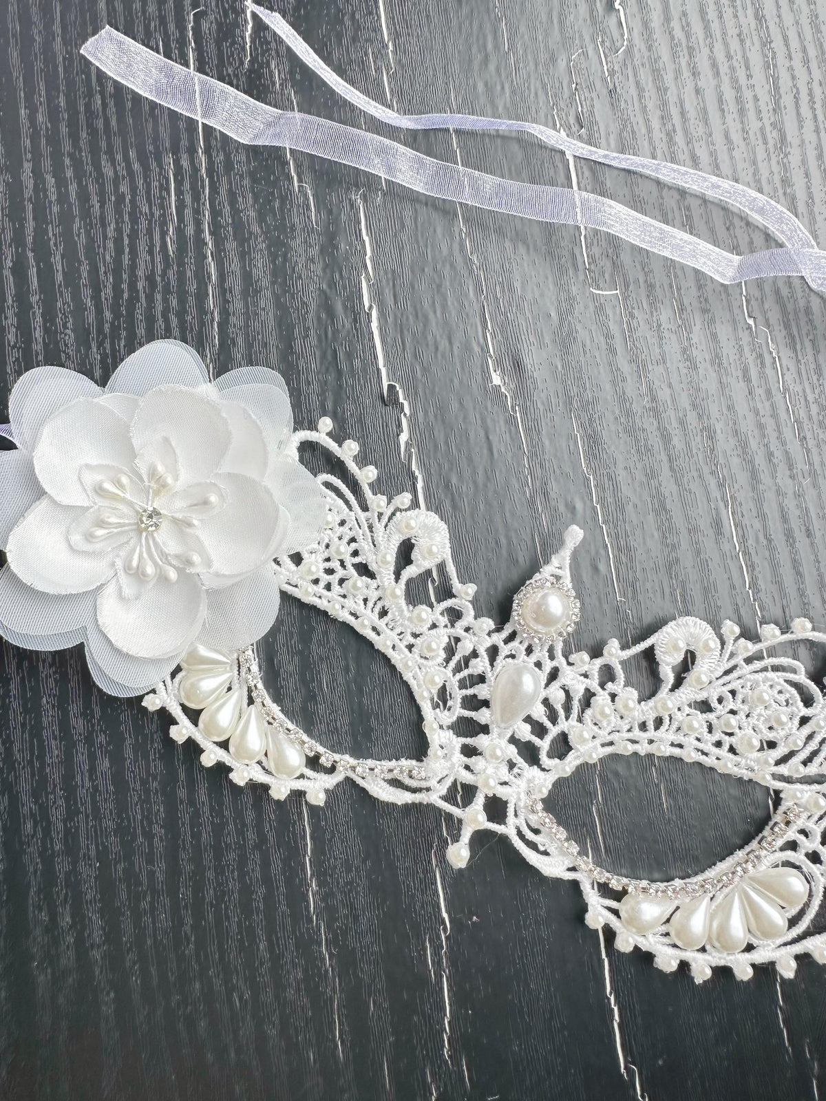 White Lace Masquerade Mask with Resin Beads, Rhinestones, and silk flower