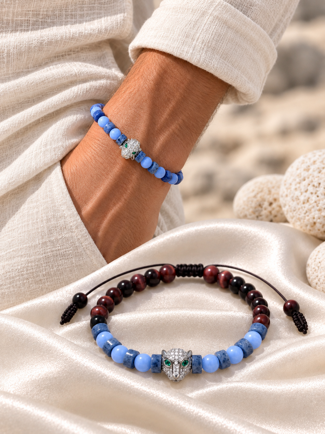 Handmade Bracelet for HIM OR HER.With  6mm Red Tiger’s eye, 6mm blue lace agate, Leopard Charms Spacer Bead, 2x6mm Blue and White Sodalite