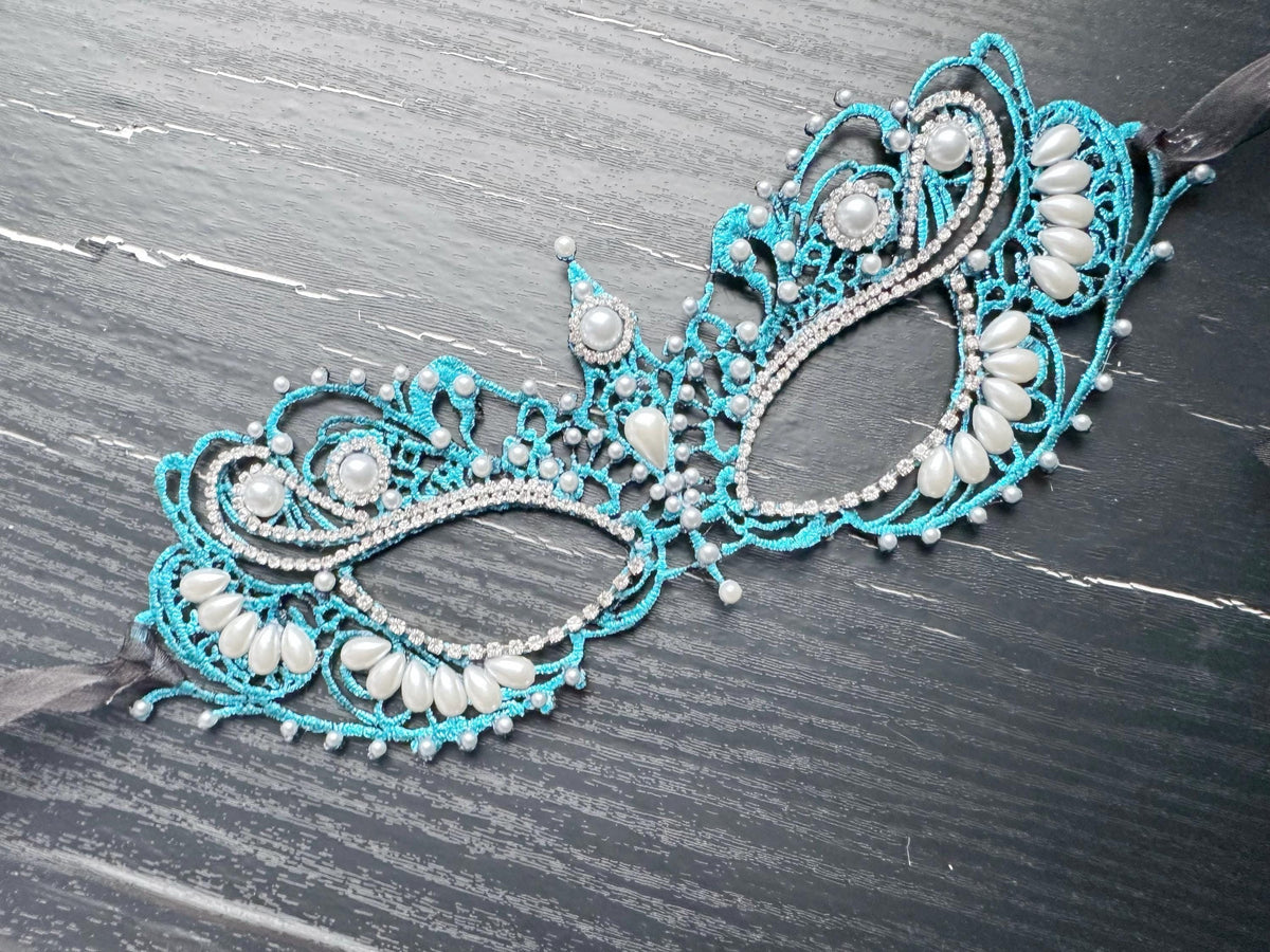 Blue color Lace Masquerade Mask, Embroidered Party Mask with white Resin beads and rhinestone, Halloween party mask
