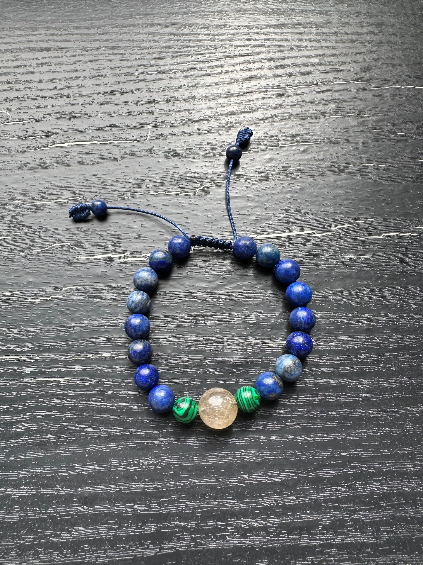 Bracelet For Men Natural Stone Beads 8mm Lapis Lazuli Stretch with two pieces Malachite, one piece 12mm Golden Rutilated Quartz in the middle Bracelets Adjustable Bracelet for Men