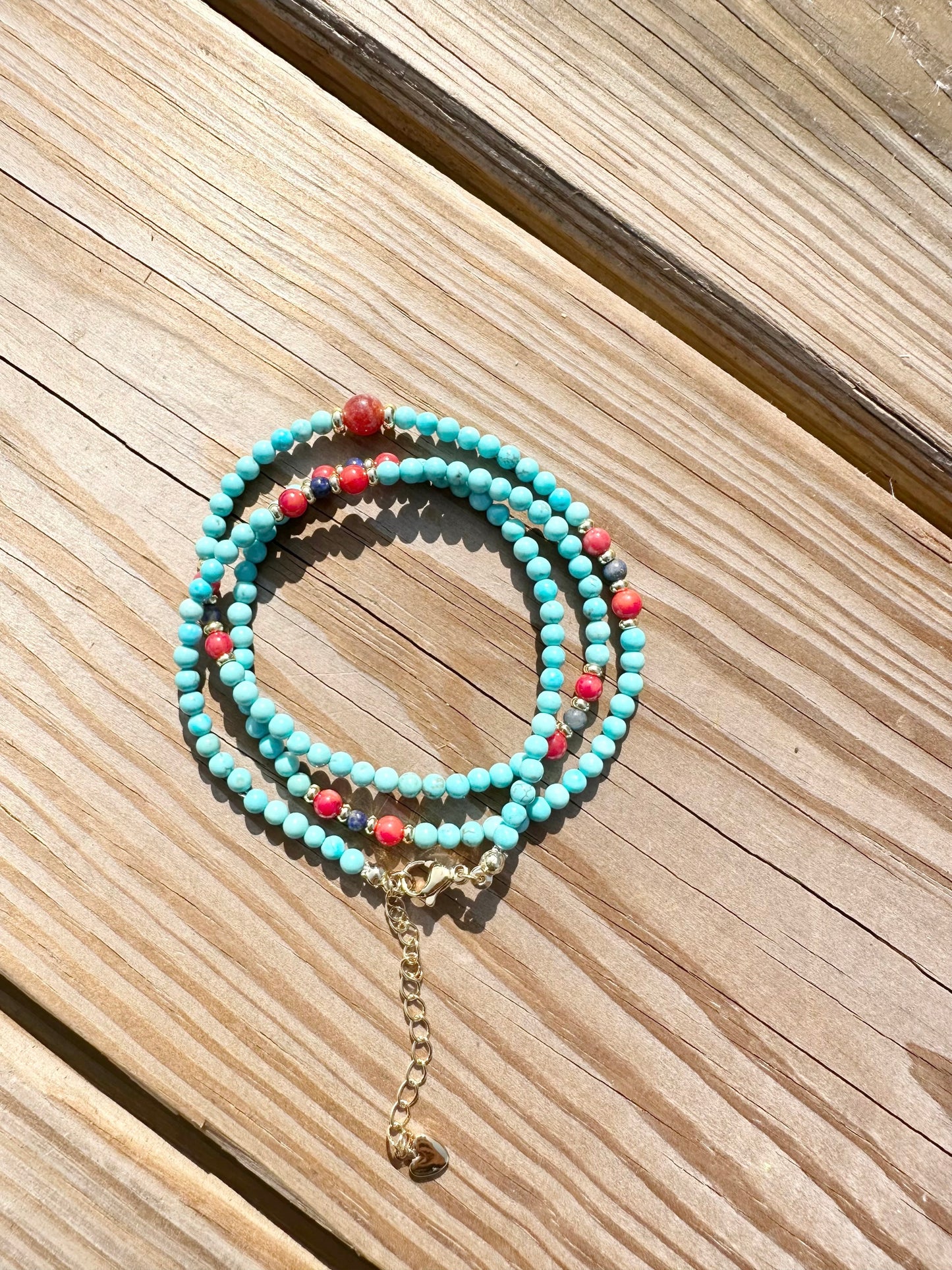 925 Sterling Silver gold plated with main stone 3mm Turquoisen Coral , 3mm Lapis Lazuli, made three row bracelet and 18inch length necklace ( two in one)