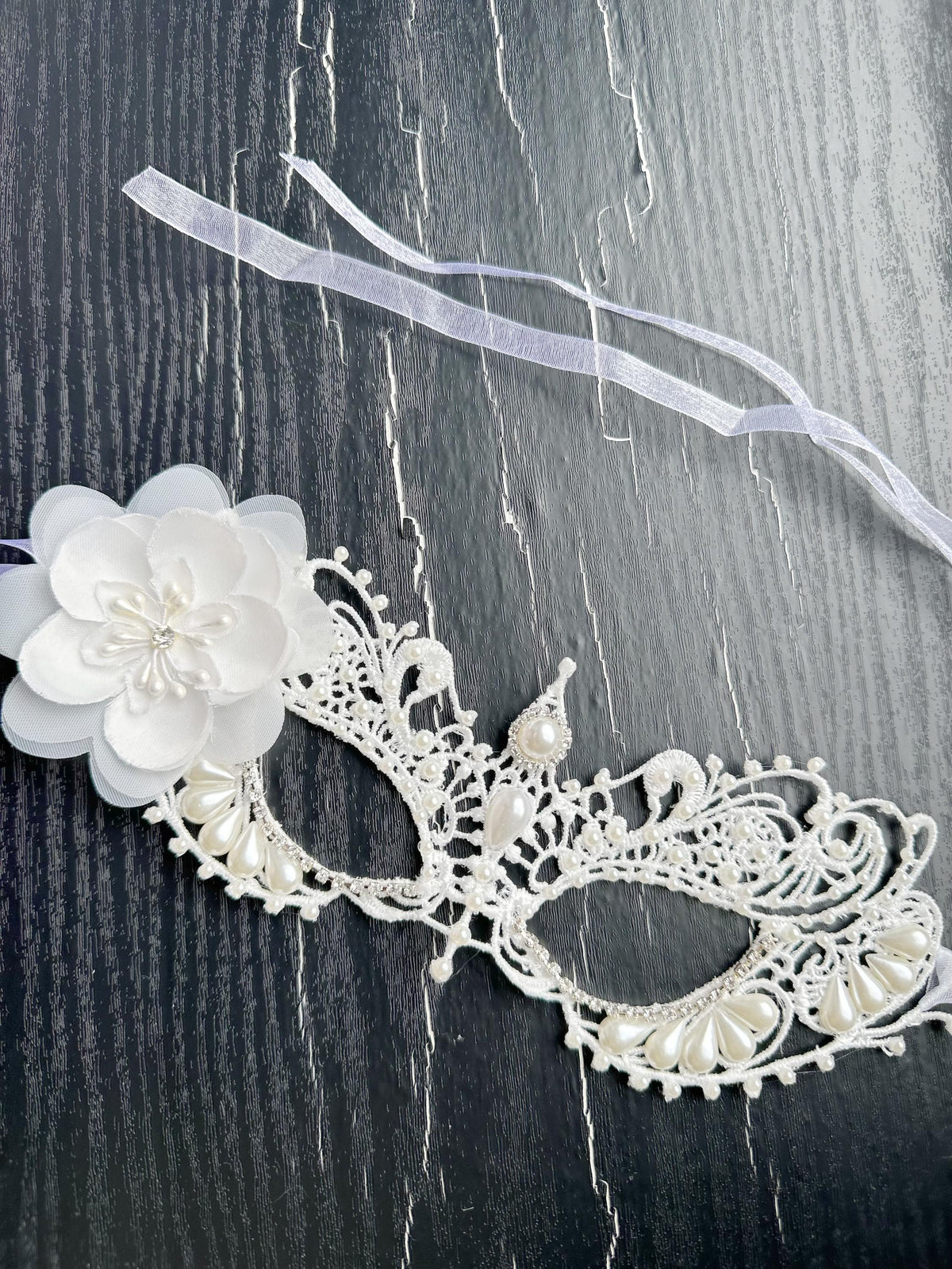 White Lace Masquerade Mask with Resin Beads, Rhinestones, and silk flower