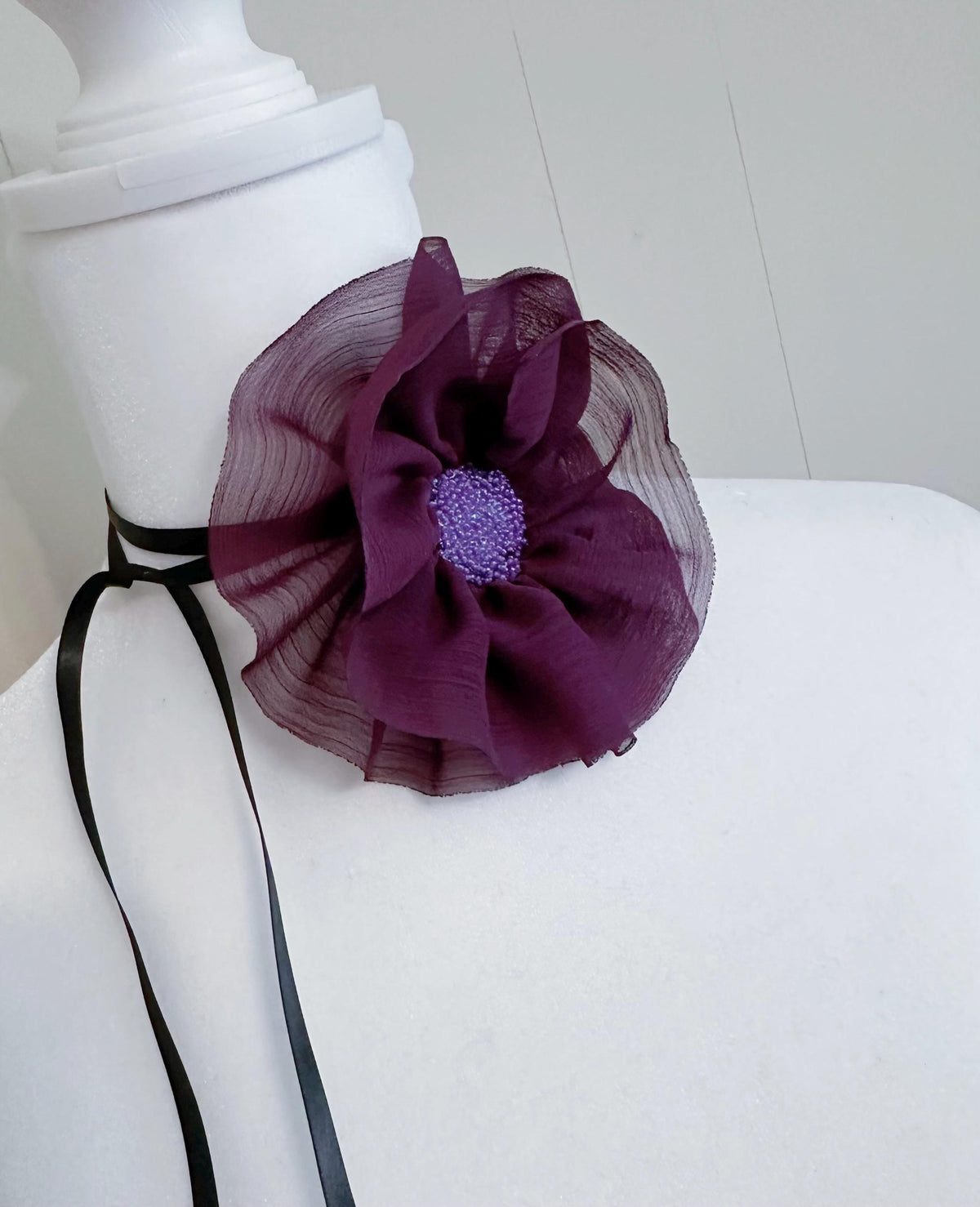 Handmade Peach Ribbon Flower Choker: Black Velvet Vintage Necklace
