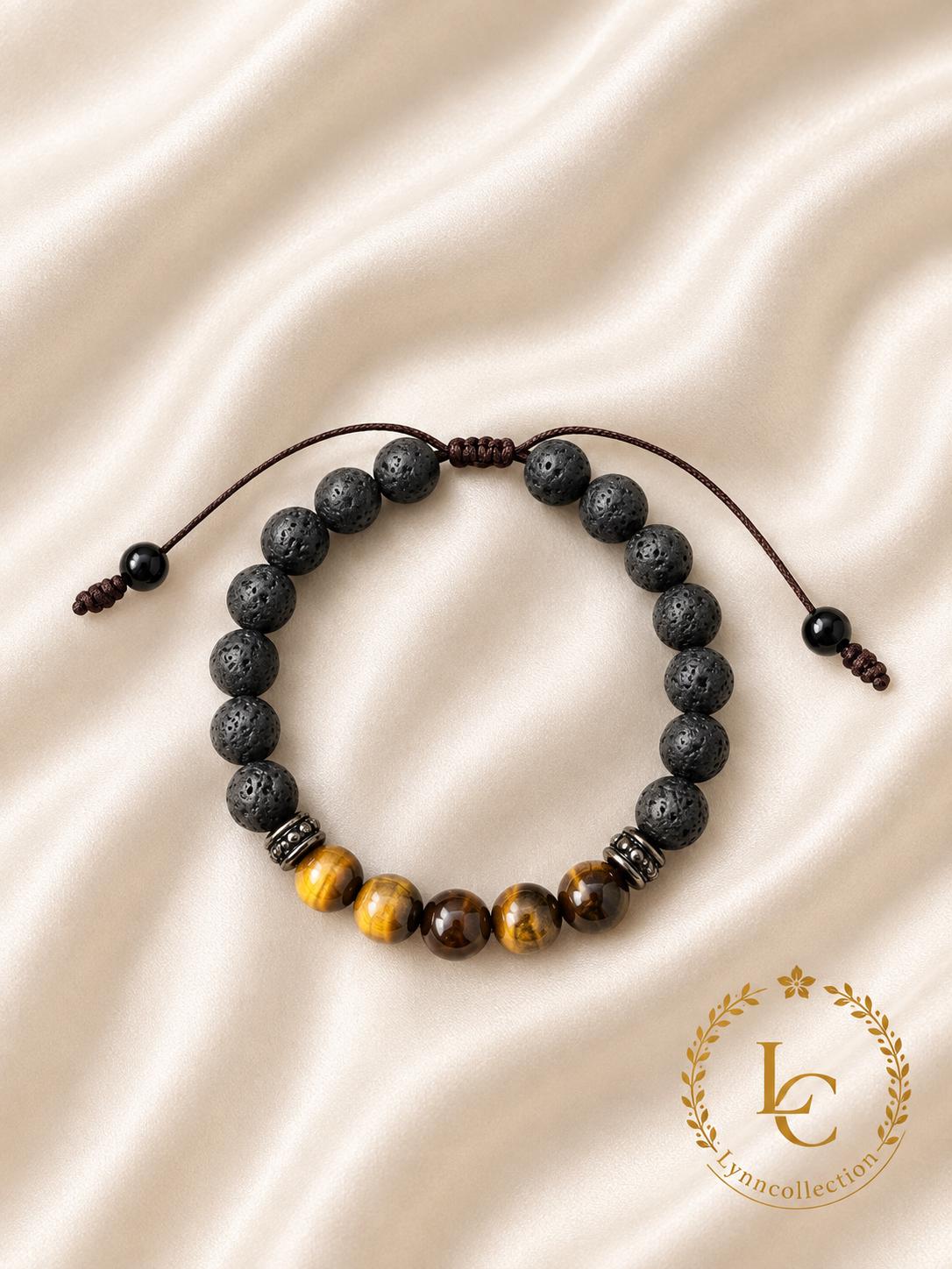 Gemstone Bracelet for HIM OR HER. Black Lava Stone & Tiger Eye Bracelet ,Adjustable Natural Gemstone Bracelet