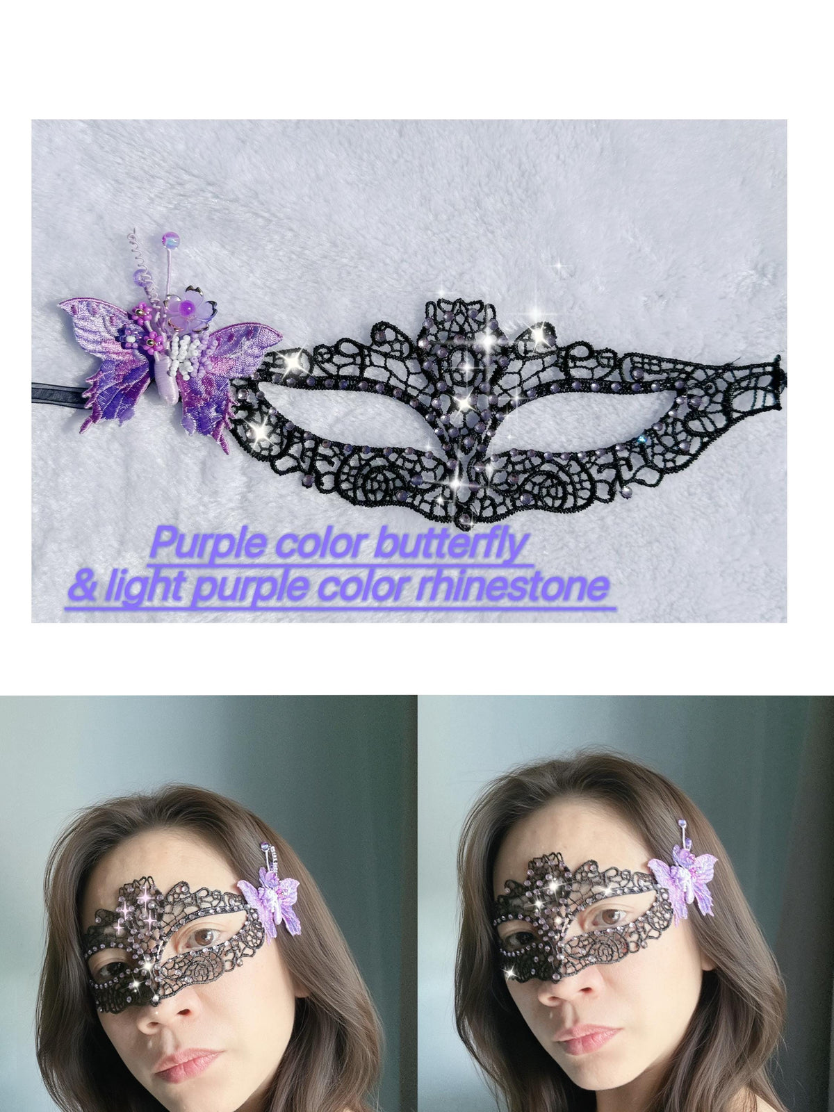 One of a Kind Purple Butterfly Mask, Handmade Black Lace Masquerade Mask, Venetian Eye Mask with Crystal Rhinestones