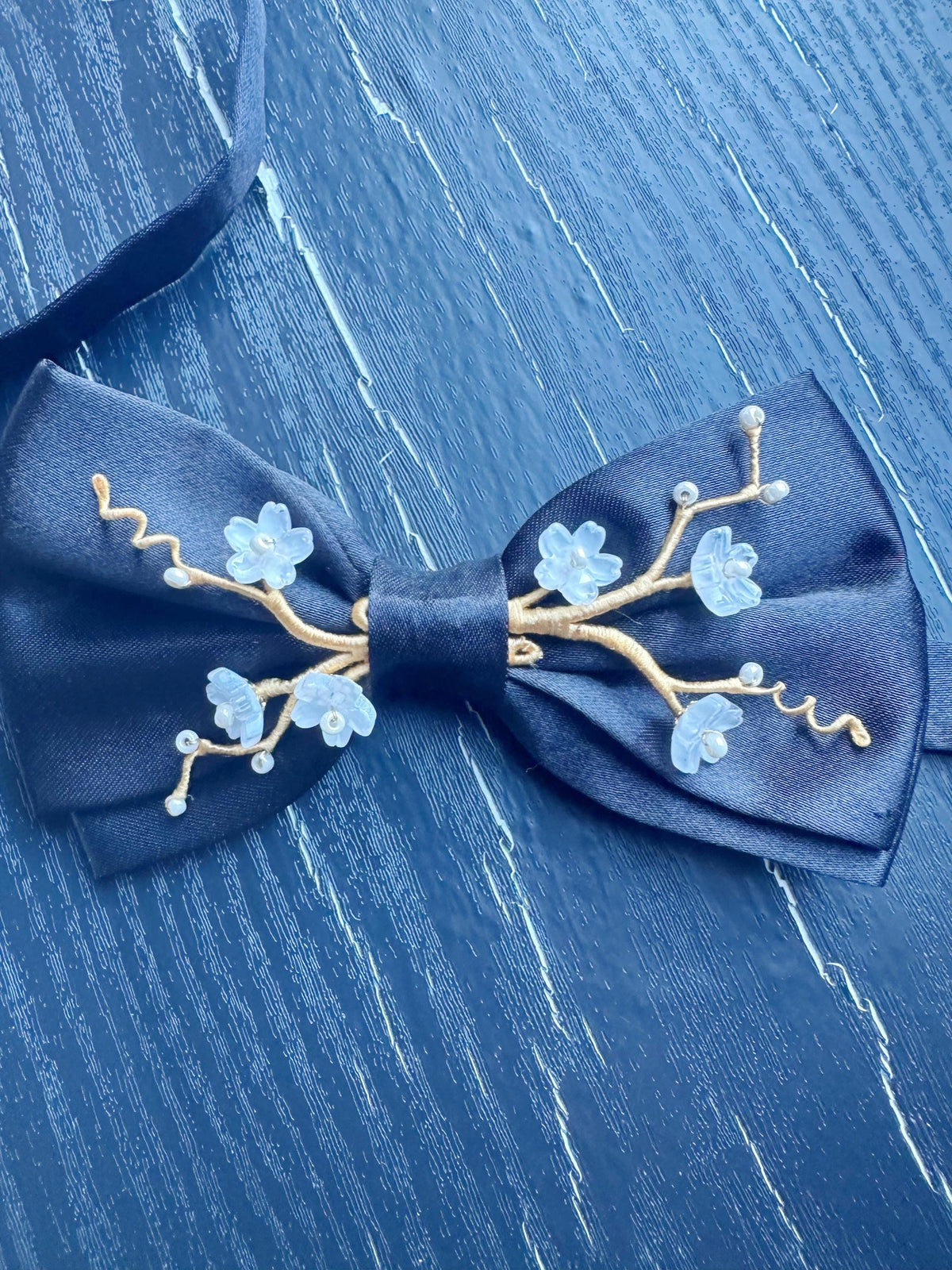 Handmade Bow Tie for women Men,Boys – Black Satin Bow Tie with white color Cherry Blossom Branch – Asian Inspired Wedding Formal Accessory