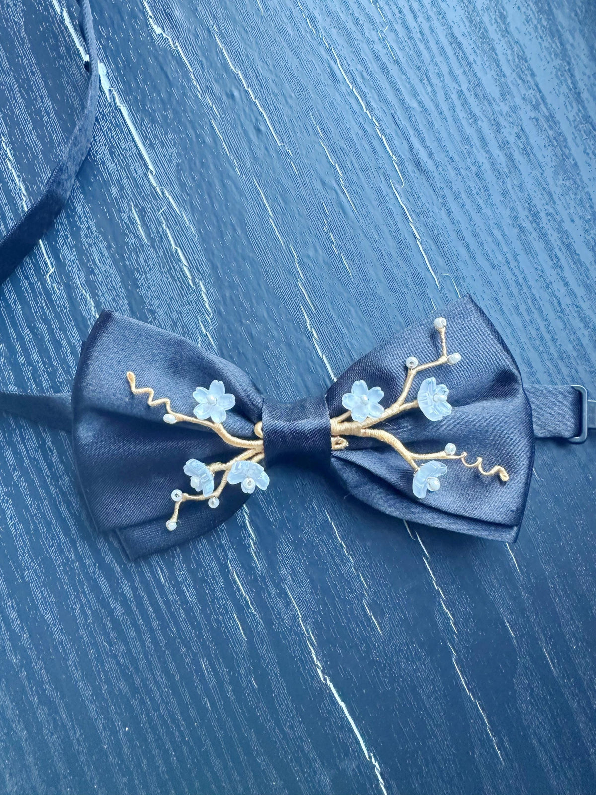 Handmade Bow Tie for women Men,Boys – Black Satin Bow Tie with white color Cherry Blossom Branch – Asian Inspired Wedding Formal Accessory
