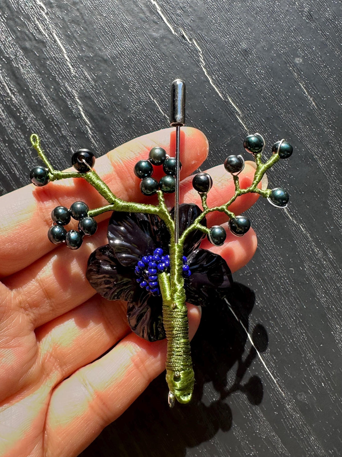 Handmade  brooch, Black color acrylic beads and freshwater pearls with silk thread