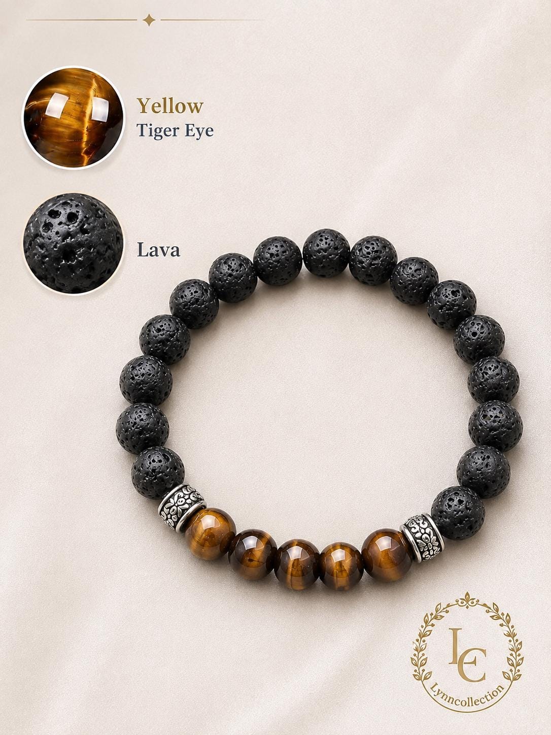 Lava Stone Beaded Bracelet with Yellow Tiger's Eye , Black Volcanic Stone Stretch Bracelet - Gemstone Bracelet for HIM AND HER.
