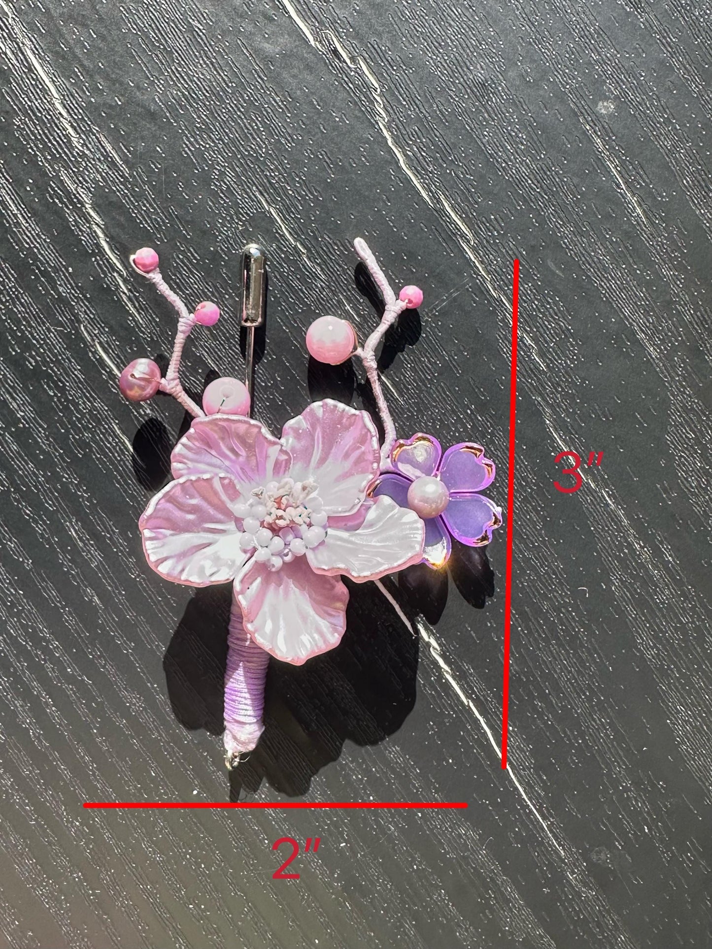 Handmade  brooch, purple color acrylic beads and gemstone beads with silk thread