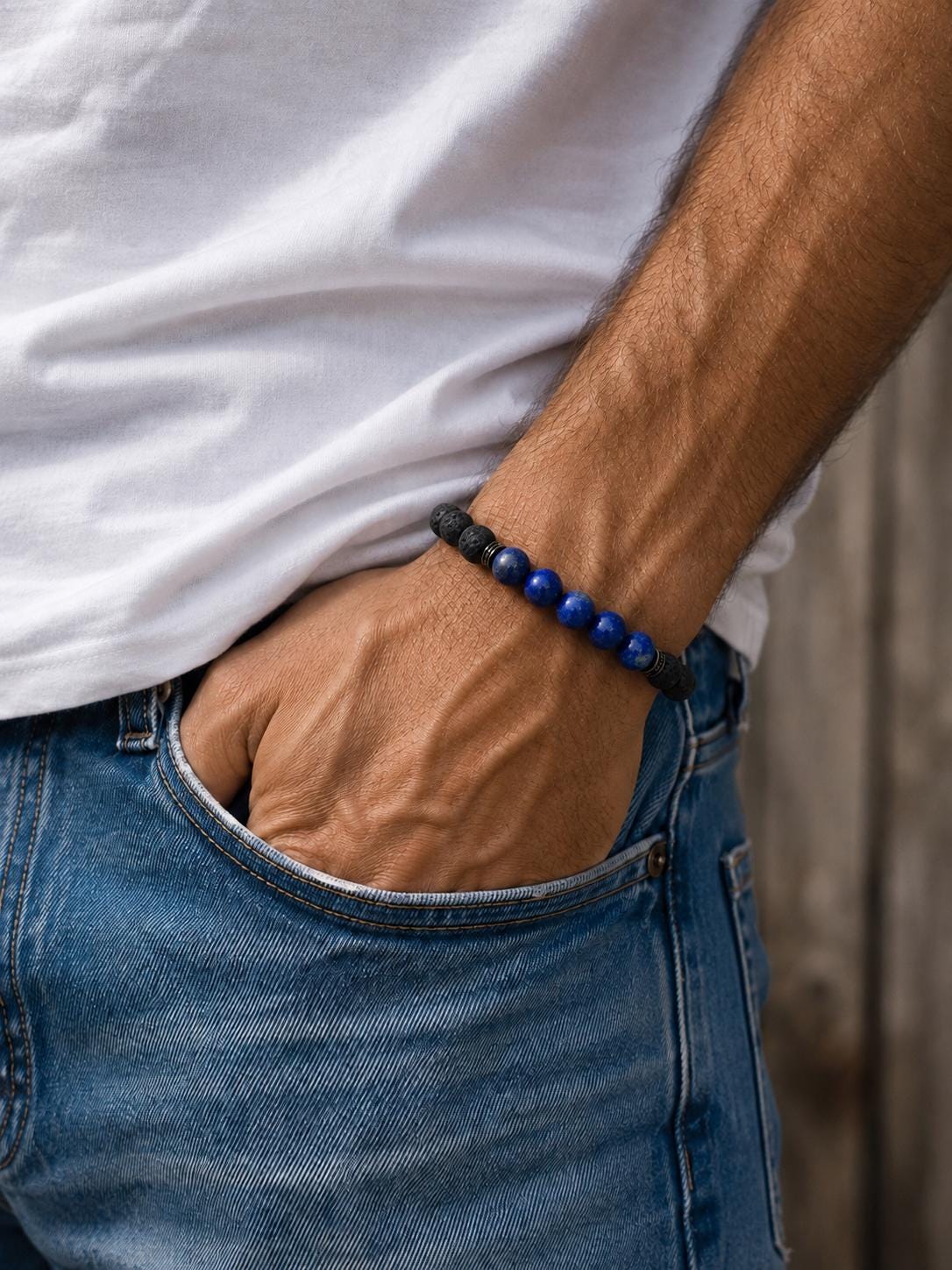 Gemstone Bracelet for HIM OR HER. Made it with Black Lava Stone,Lapis Lazuli, Adjustable Knotted Cord