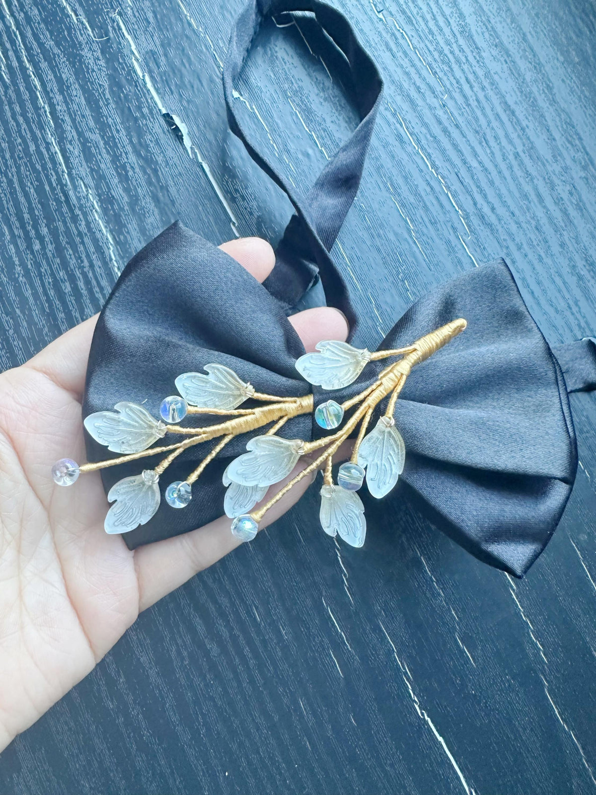 Handmade Bow Tie for women Men,Boys – Black Satin Bow Tie with light yellow leaf Branch – Asian Inspired Wedding Formal Accessory