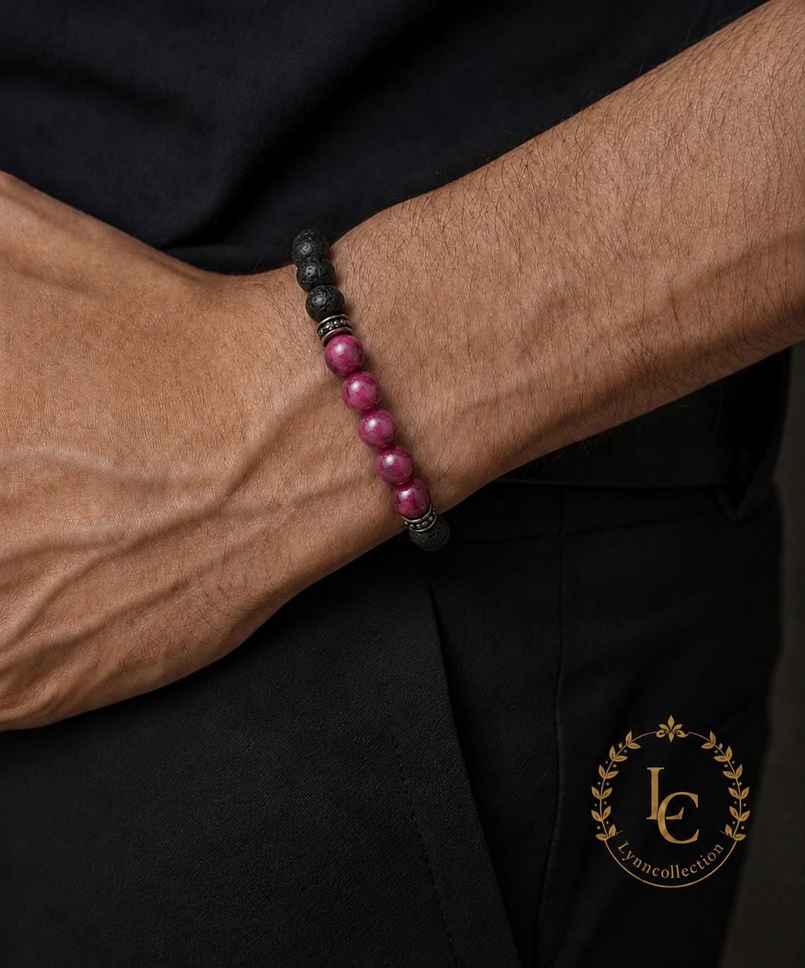 Gemstone Bracelet for HIM OR HER. Black Lava Stone & Purple Tiger Eye Bracelet , Elastic Stretch Cord Gemstone Bracelet