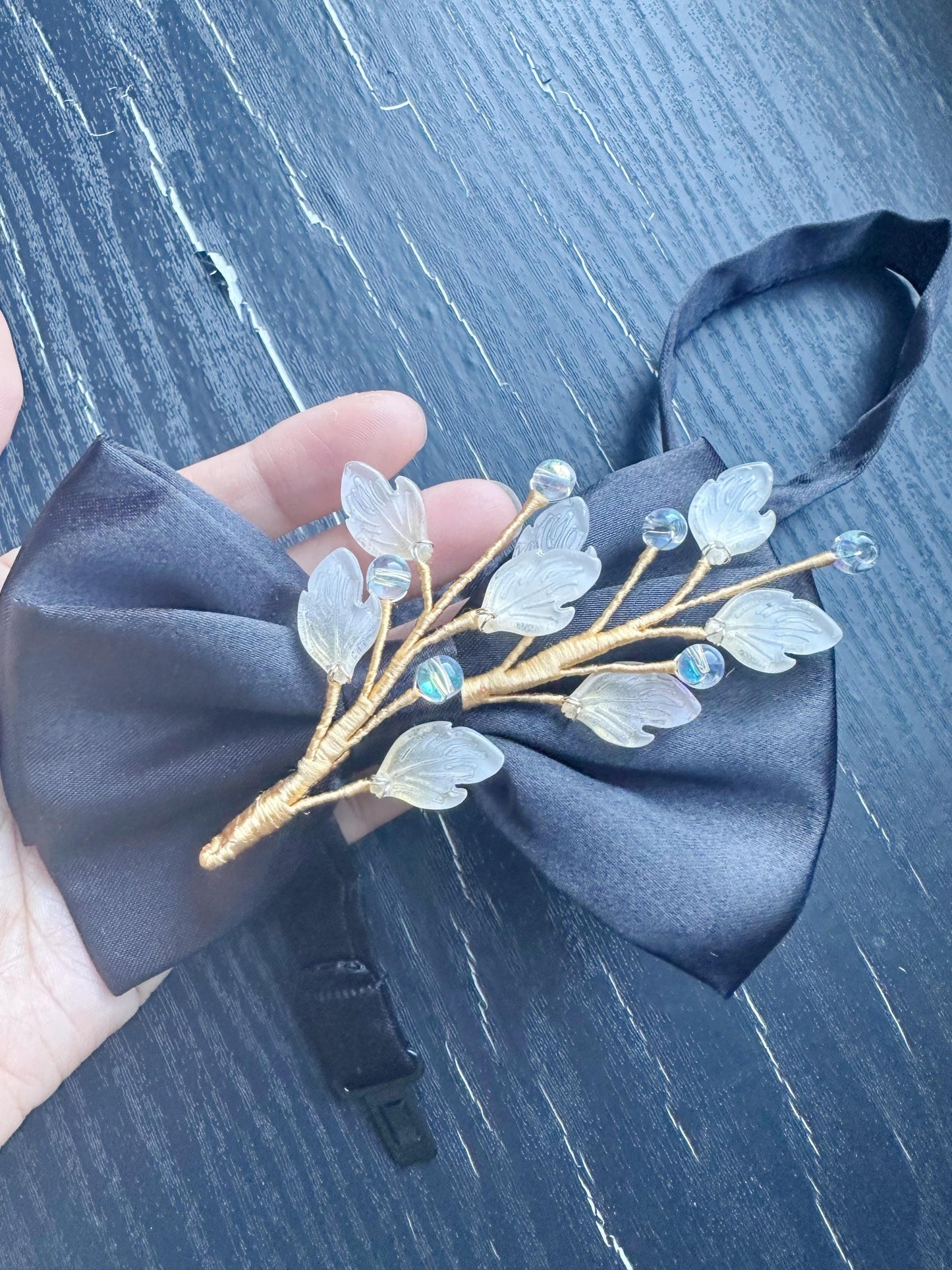 Handmade Bow Tie for women Men,Boys – Black Satin Bow Tie with light yellow leaf Branch – Asian Inspired Wedding Formal Accessory