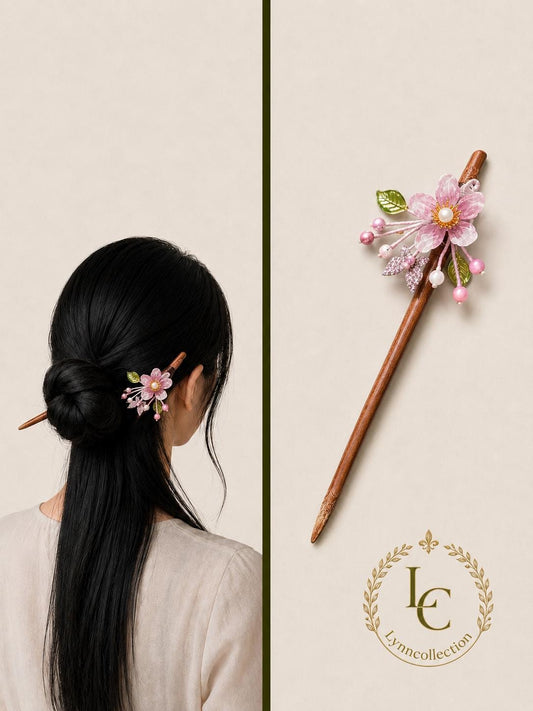Vintage Hair Stick, pink color flower Hairpin, made with freshwater pearls and gemstone Ancient Style Costume Handmade bamboo Hair Accessory