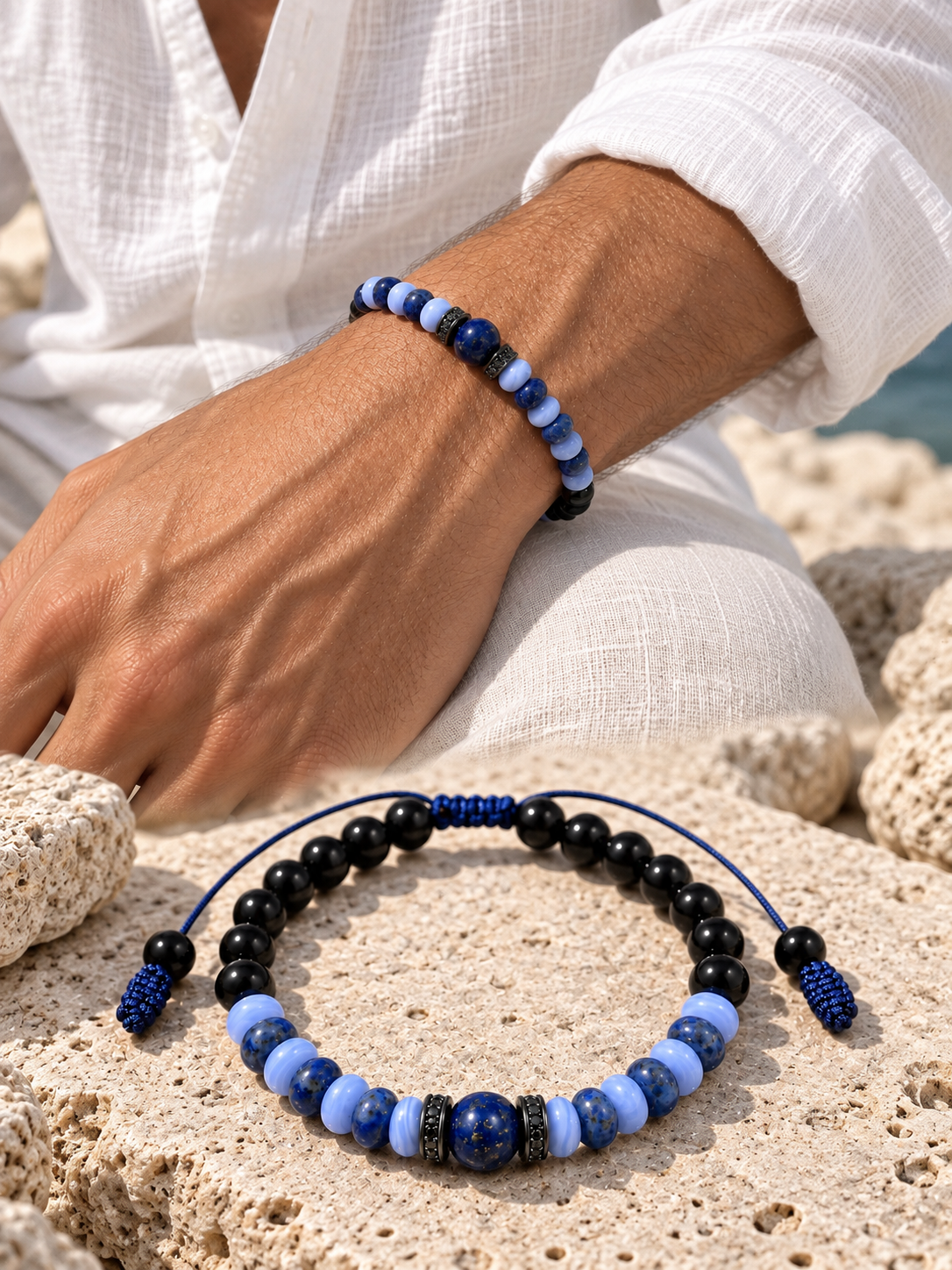 Handmade Bracelet for HIM OR HER. Made with black agate, lapis lazuli, blue lace agate. Zircon Rhinestone Beads, Adjustable knotted Cord