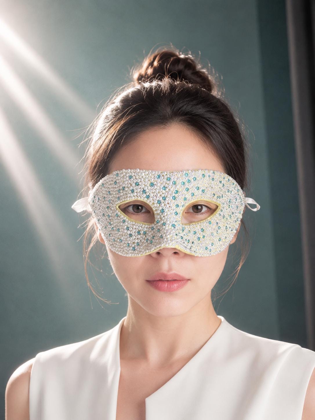 White Masquerade Mask with blue butterfly Venetian Style Mardi Gras Ball