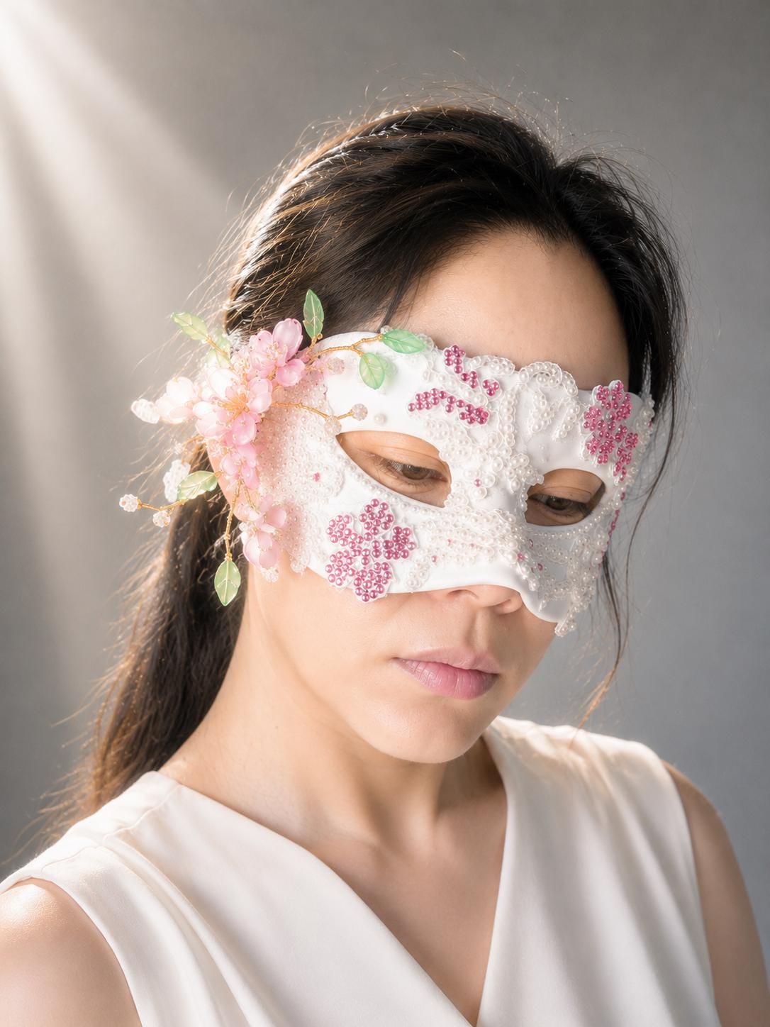 White Venetian Mask,size: (3.15"x7") Handmade White Venetian Mask – Pearl Floral Masquerade Mask, Elegant Costume Mask, Fairy-core, Party