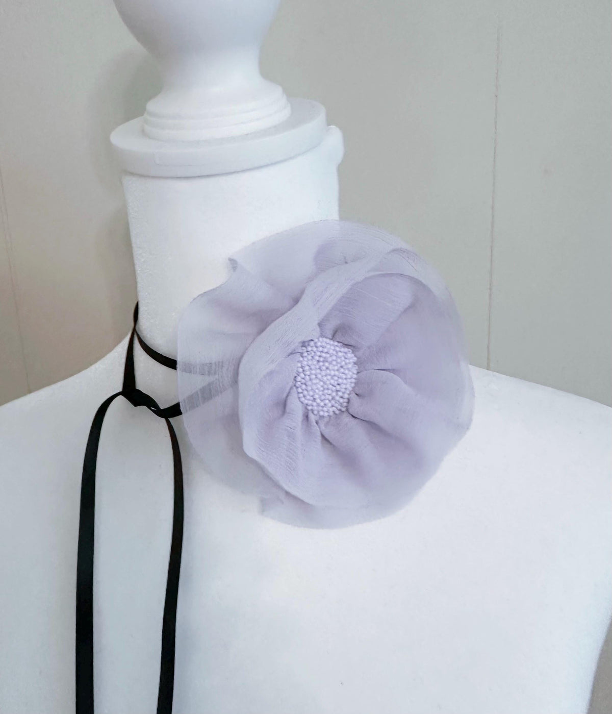 Handmade Peach Ribbon Flower Choker: Black Velvet Vintage Necklace
