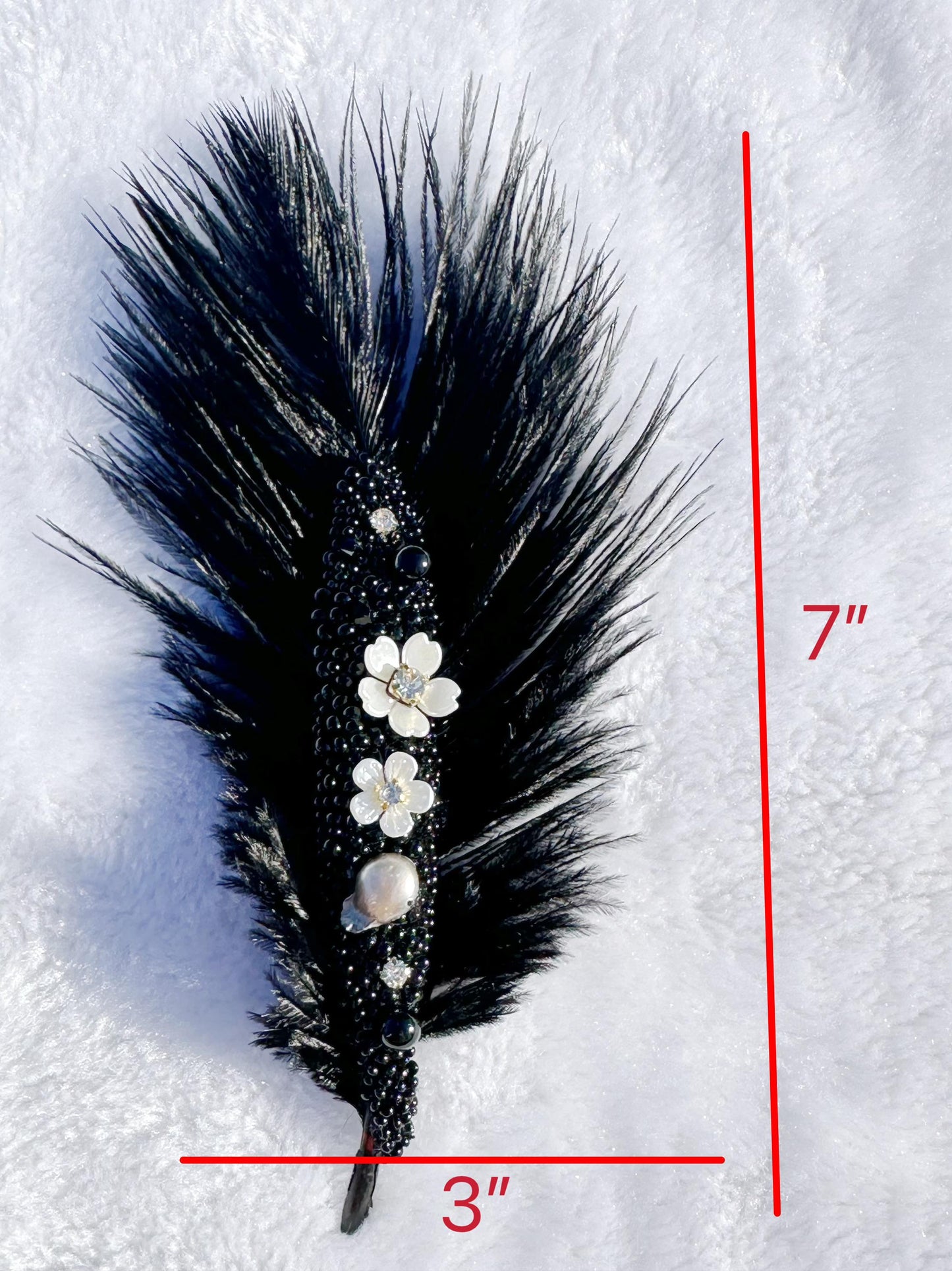Handmade brooch, beaded and Ostrich feather brooch, size 7”x3”