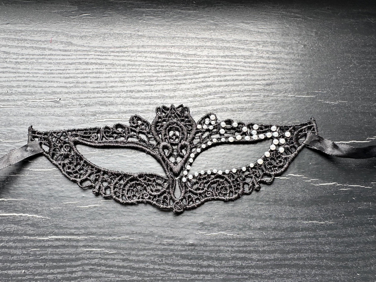 White Resin Pearls with Black soft  Lace Mask, Embroidery, Appliques, Black Mask, Party Mask, Wedding Mask, Halloween Mask