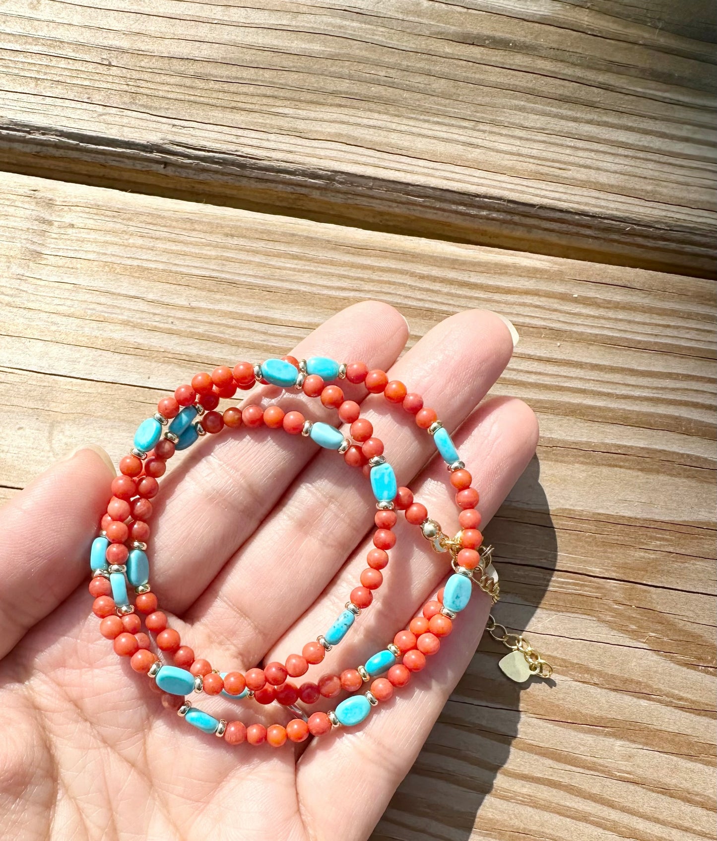 925 Sterling Silver gold plated with Red Coral And Turquoise three row bracelet and necklace ( two in one)