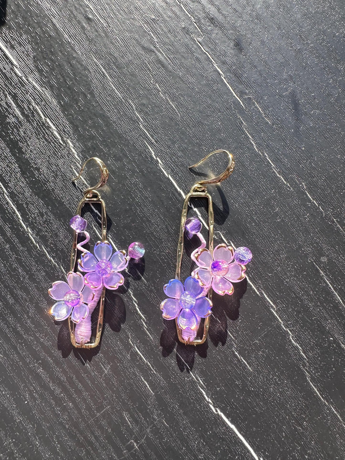Gold Plated, purple cherry blossom, size: 2 1/4” Length X 3/4” wide