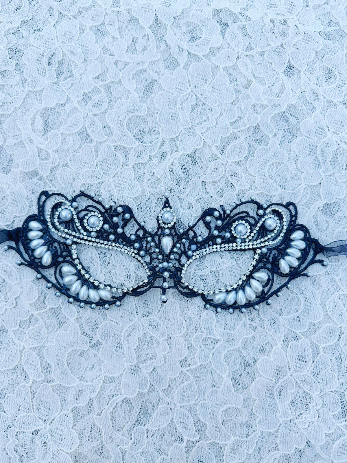Black color Lace Masquerade Mask, Embroidered Party Mask with white Resin beads and rhinestone, party mask
