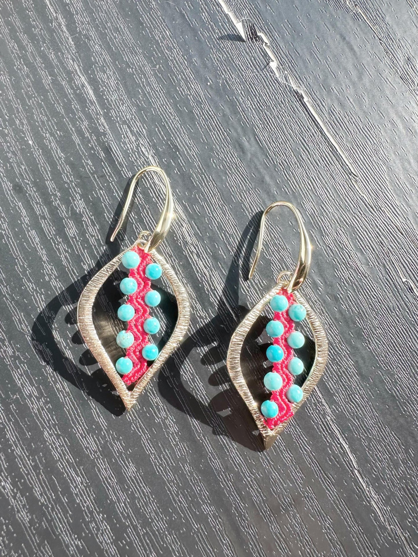 Macrame Turquoise Earrings, 18K Gold Plated, Dangle Earrings