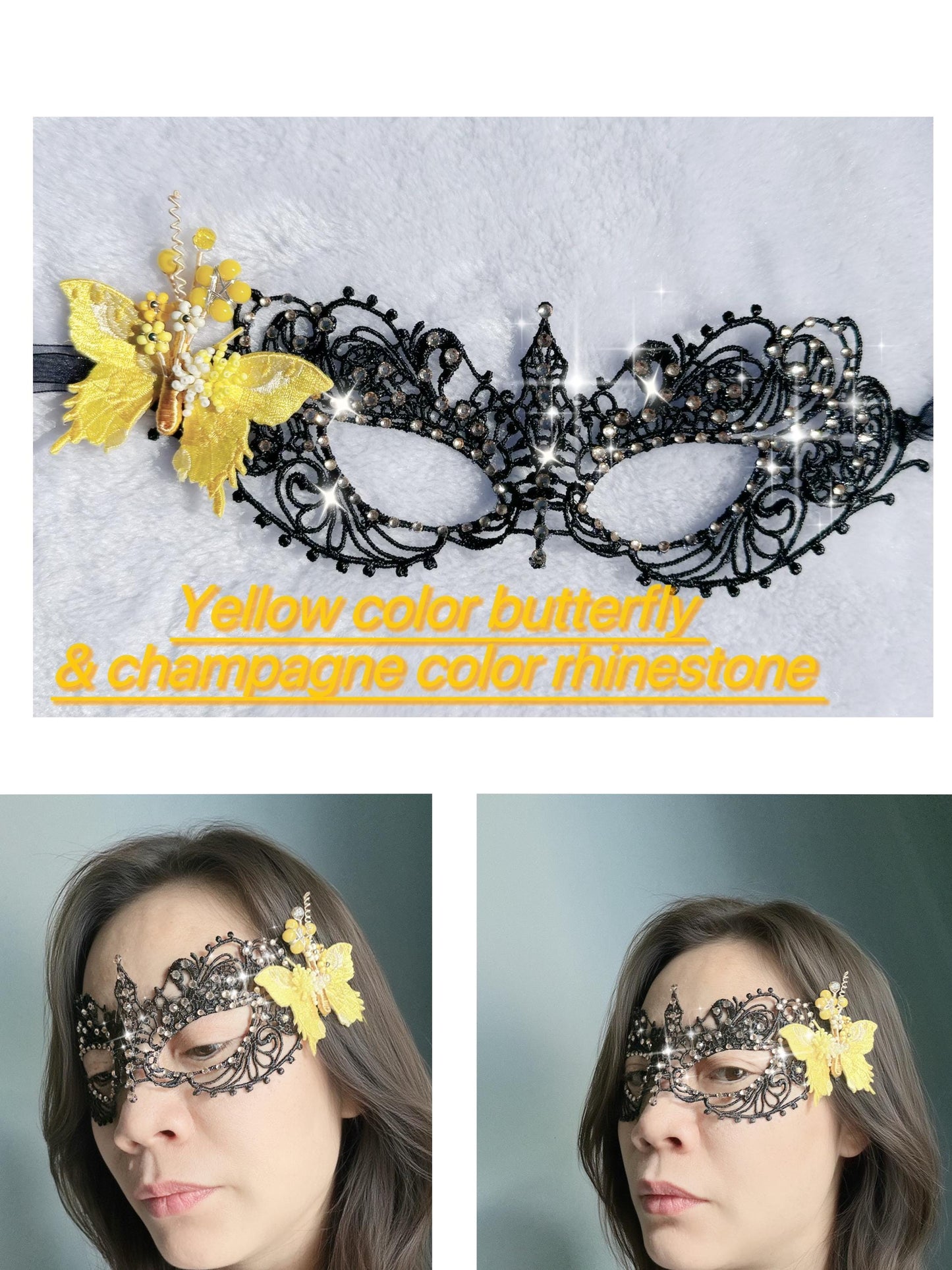 Handmade Yellow Butterfly Masquerade Mask, Black Lace Venetian Mask, Rhinestone  Eye Mask, Mardi Gras, Halloween Costume, Cosplay Accessory