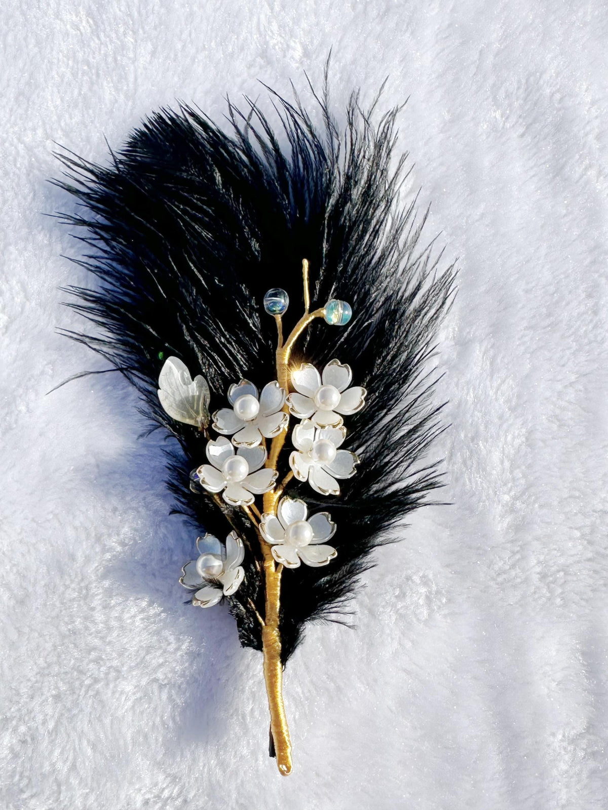 Handmade brooch, white color cherry blossom flowers and Ostrich feather brooch, size 7”x3”