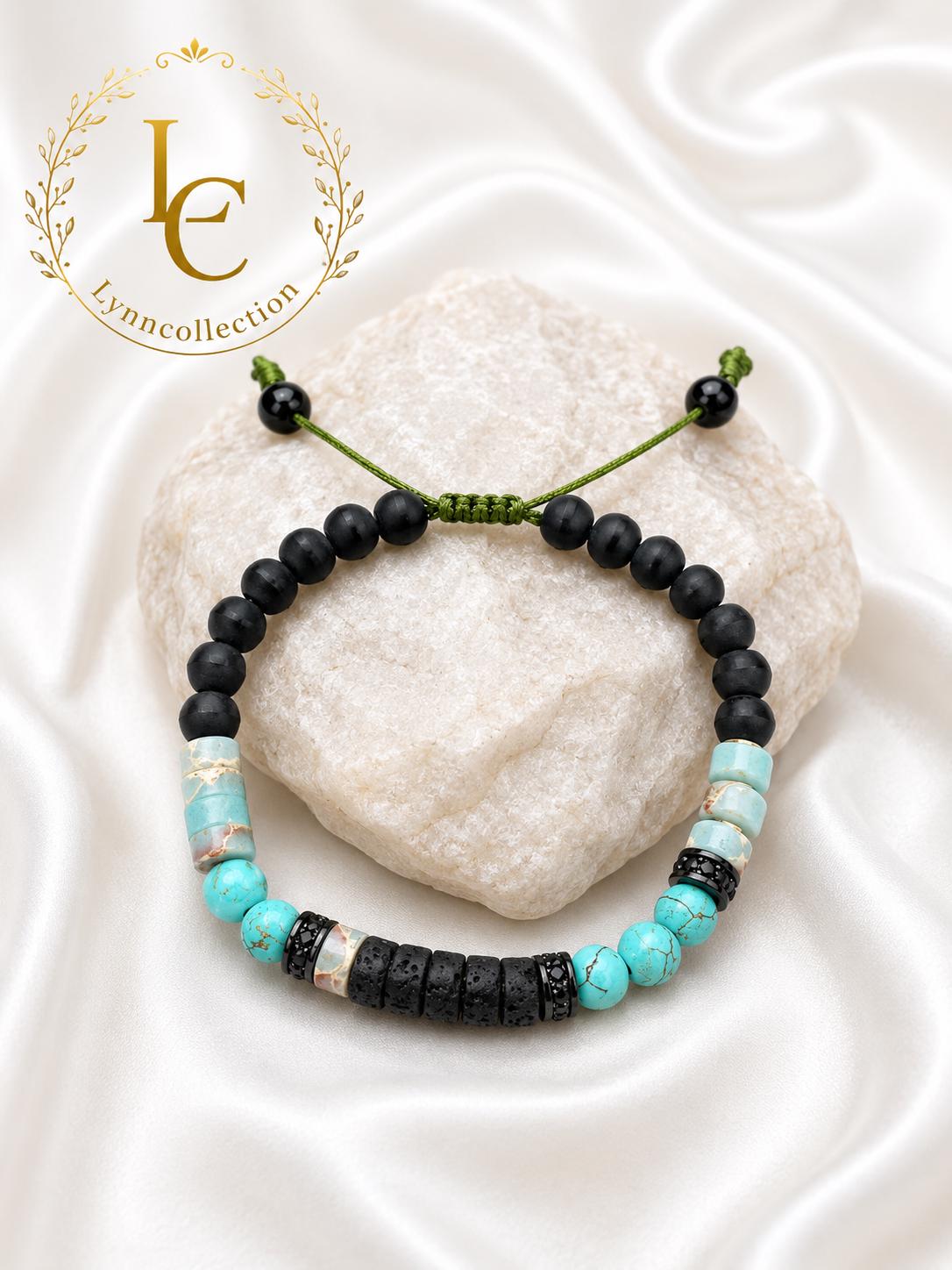 Gemstone Bracelet for HIM OR HER. Made it with 6mm turquoise, 2x6mm lava beads. With Adjustable Knotted Cord