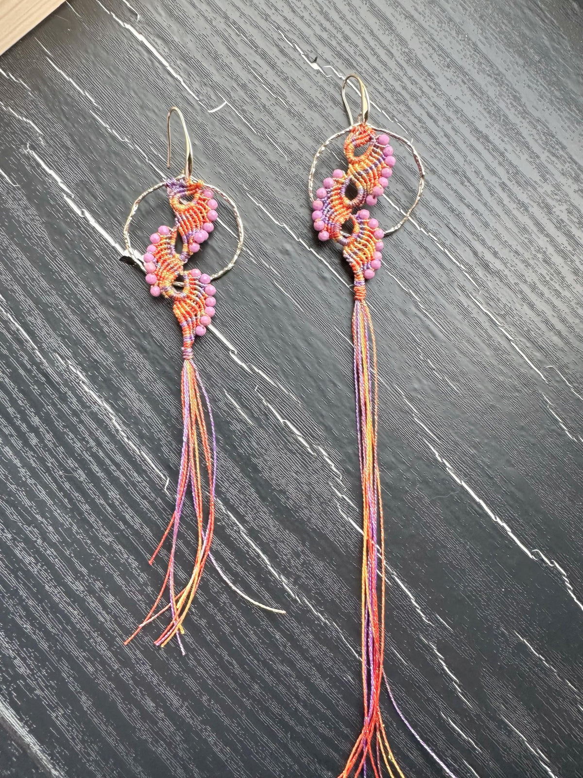Handmade Macrame Earrings, Peacock Tail, Phosphosiderite Beads, Gold Plated Hooks