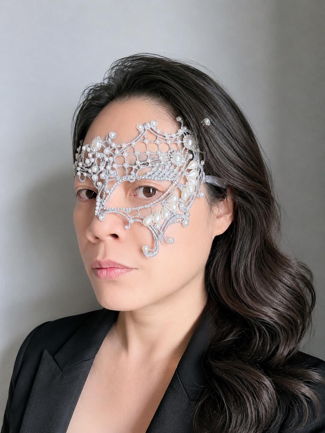 Gray Lace Masquerade Mask, Rhinestones & Pearls