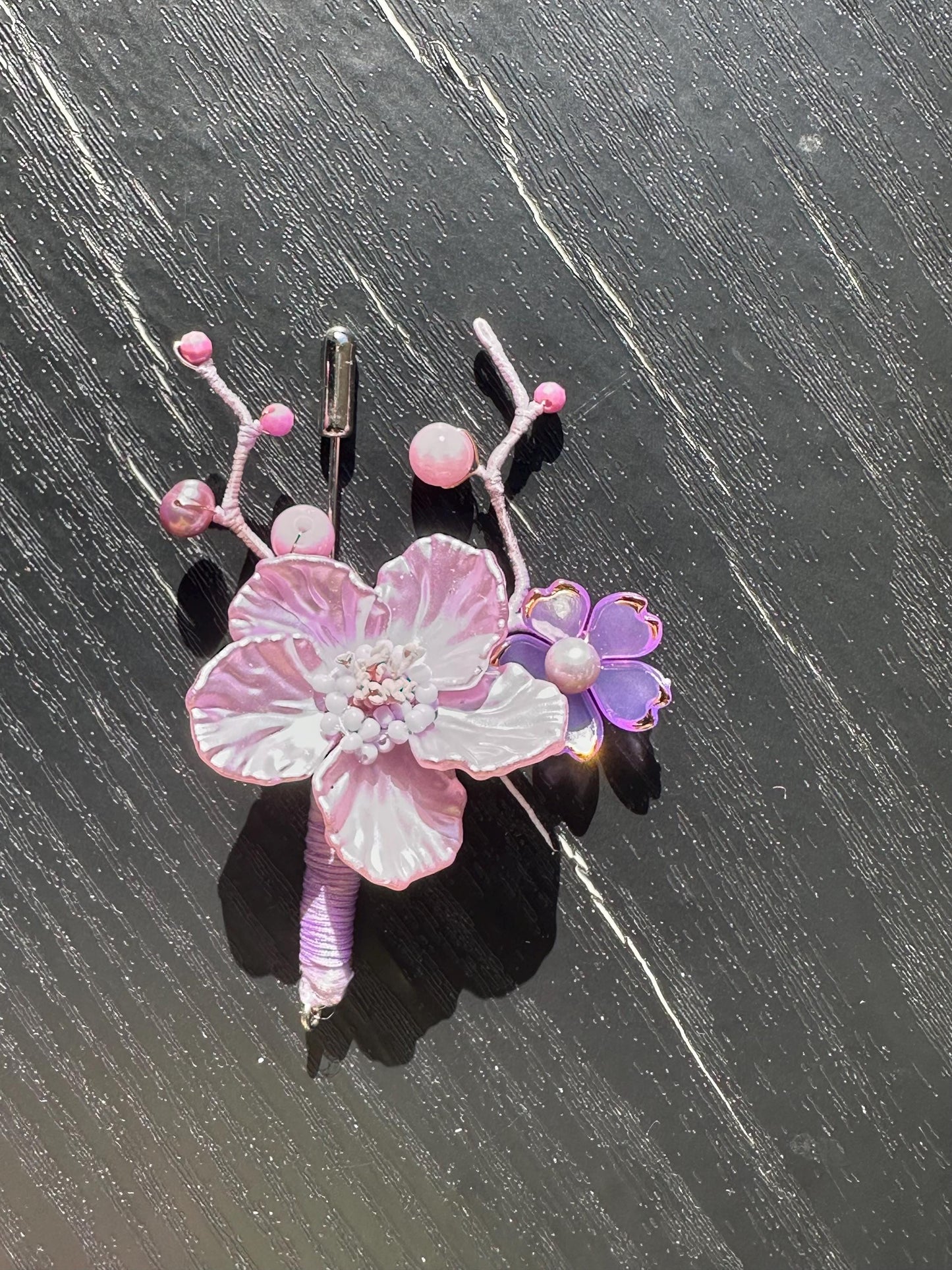 Handmade  brooch, purple color acrylic beads and gemstone beads with silk thread
