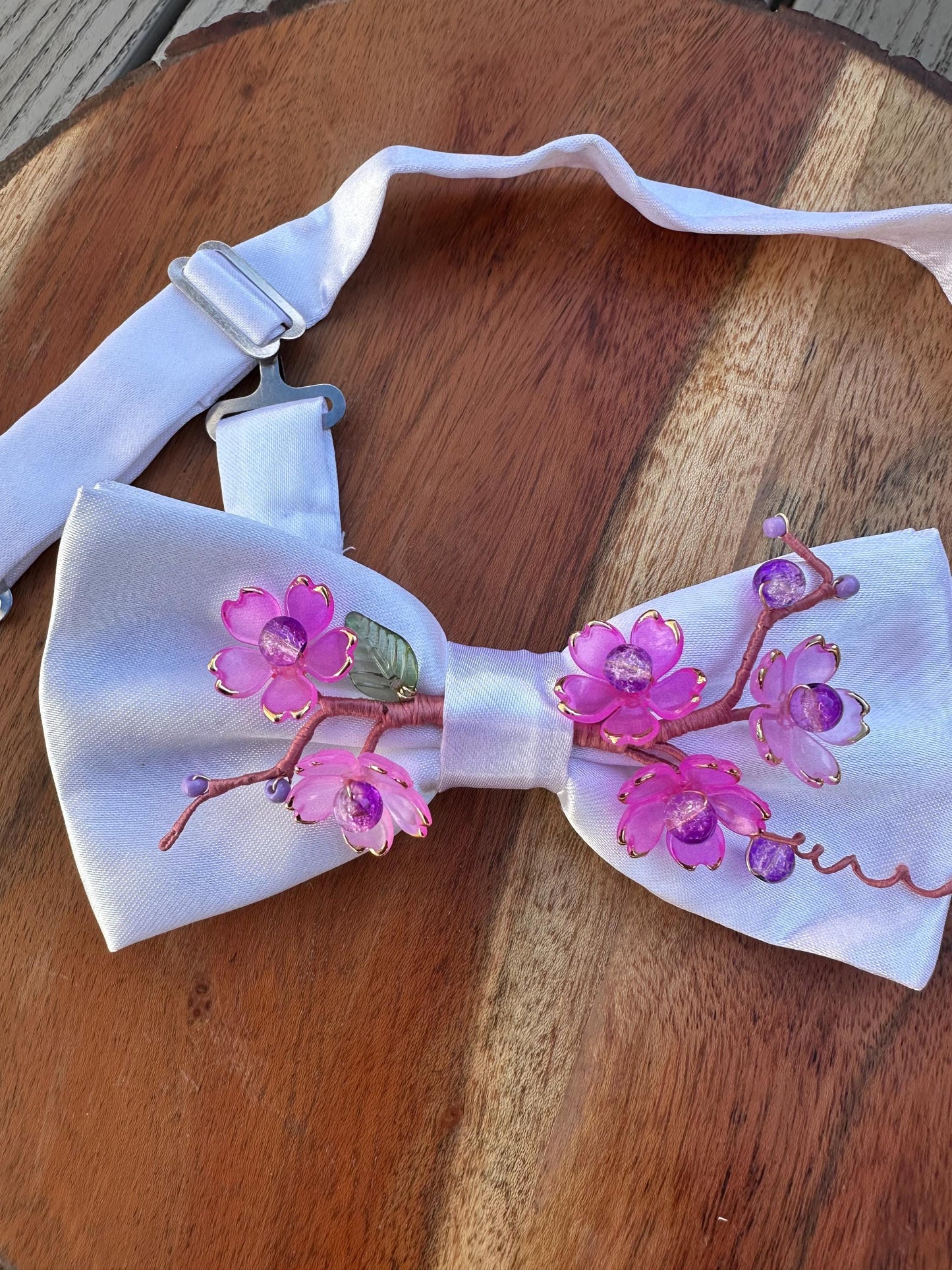 Handmade Bow Tie for women Men,Boys – White Satin Bow Tie with Pink Cherry Blossom Branch – Asian Inspired Wedding Formal Accessory