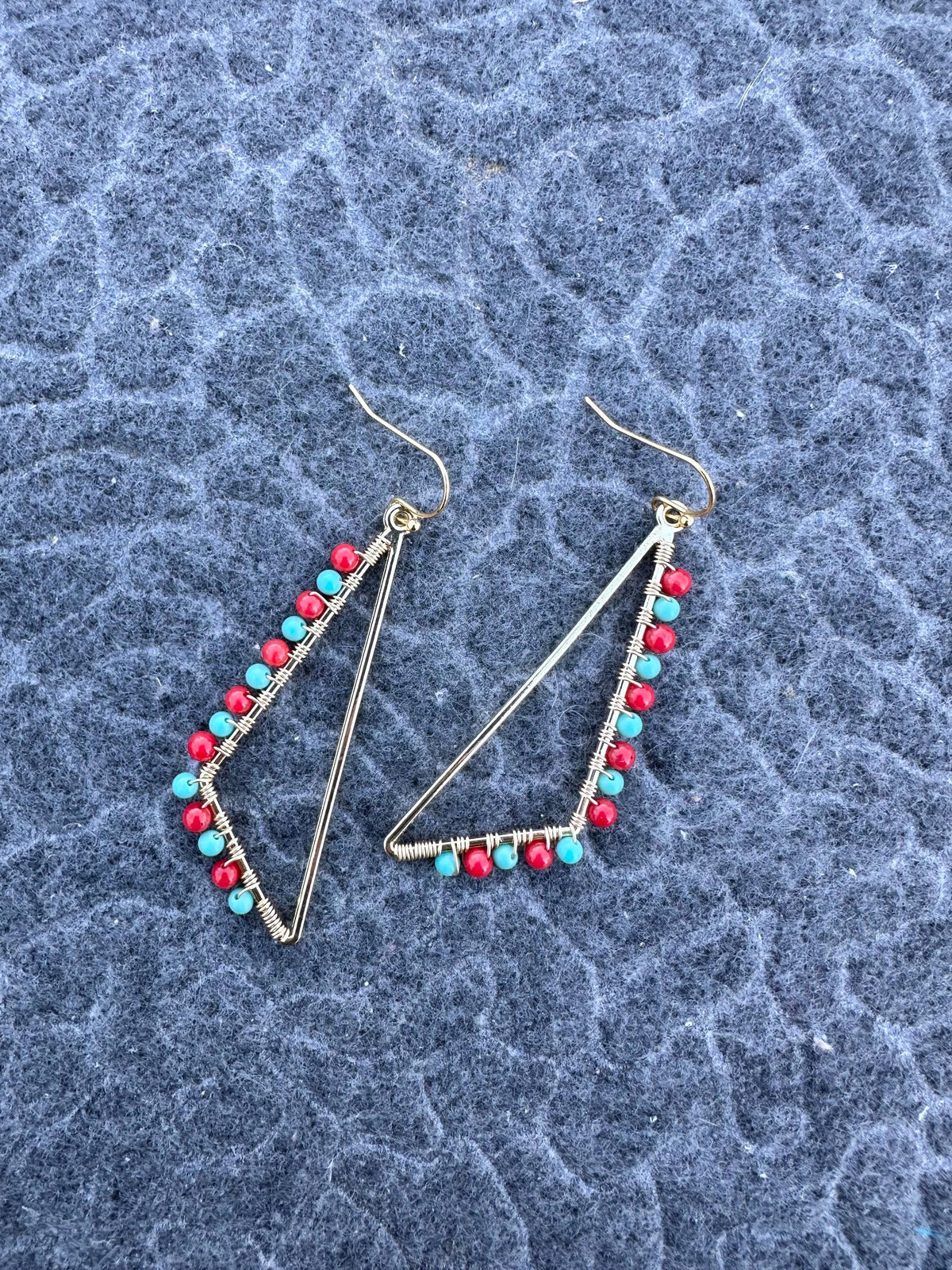 Handmade Gold Plated Dangle Earrings: Red Coral & Turquoise