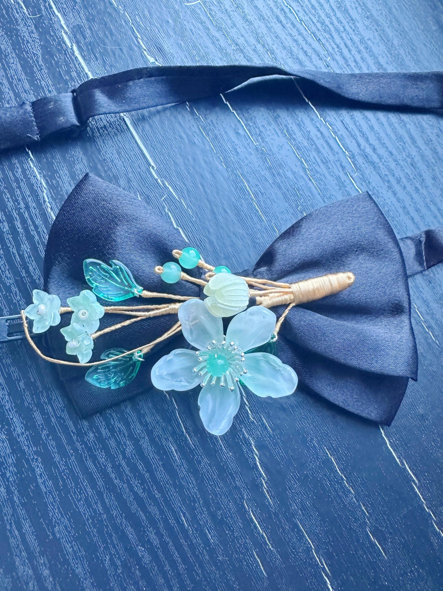 Handmade Bow Tie for women Men,Boys – Black Satin Bow Tie with light green flower Blossom Branch – Asian Inspired Wedding Formal Accessory