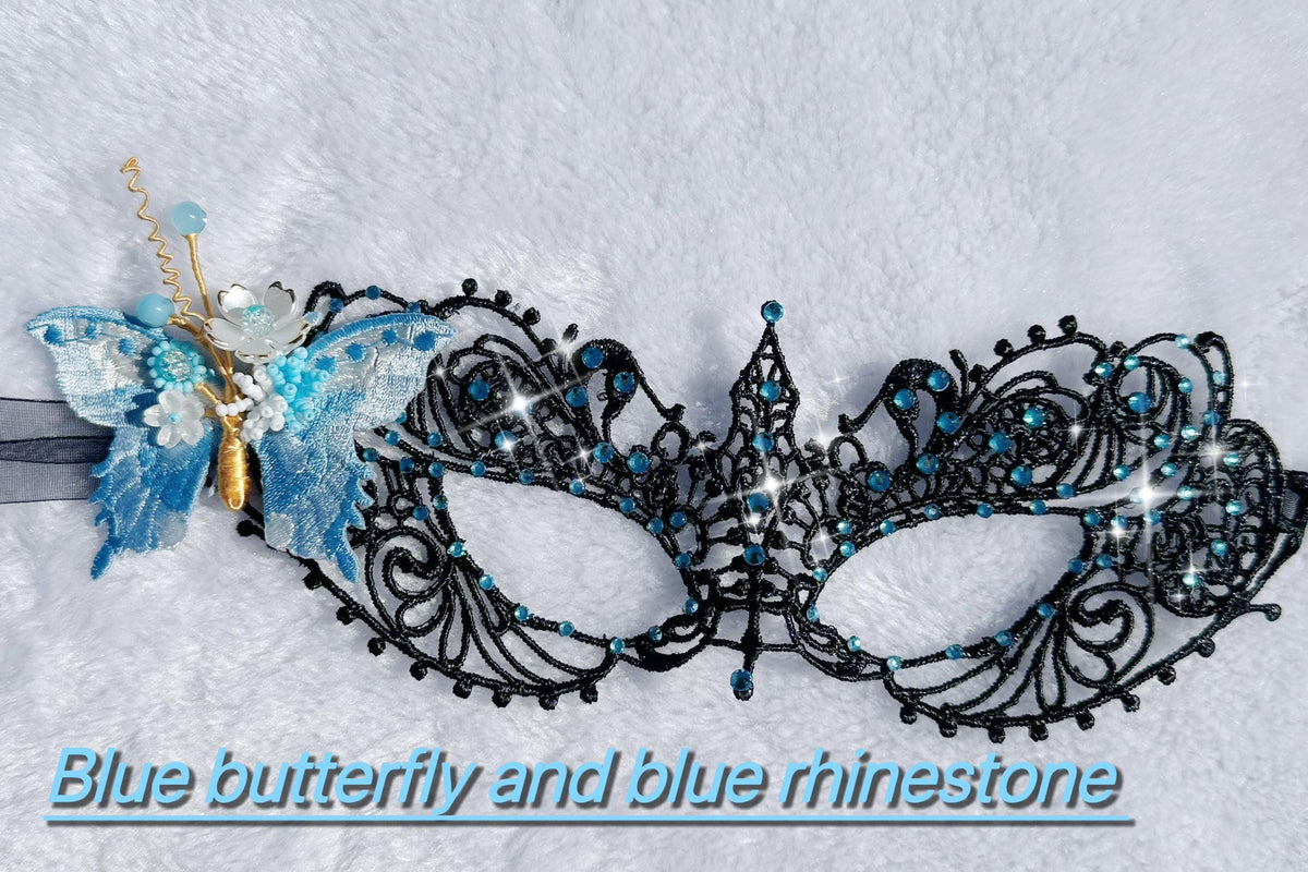One of a Kind Blue Butterfly Mask, Handmade Black Lace Masquerade Mask, Venetian Eye Mask with Blue color Rhinestones