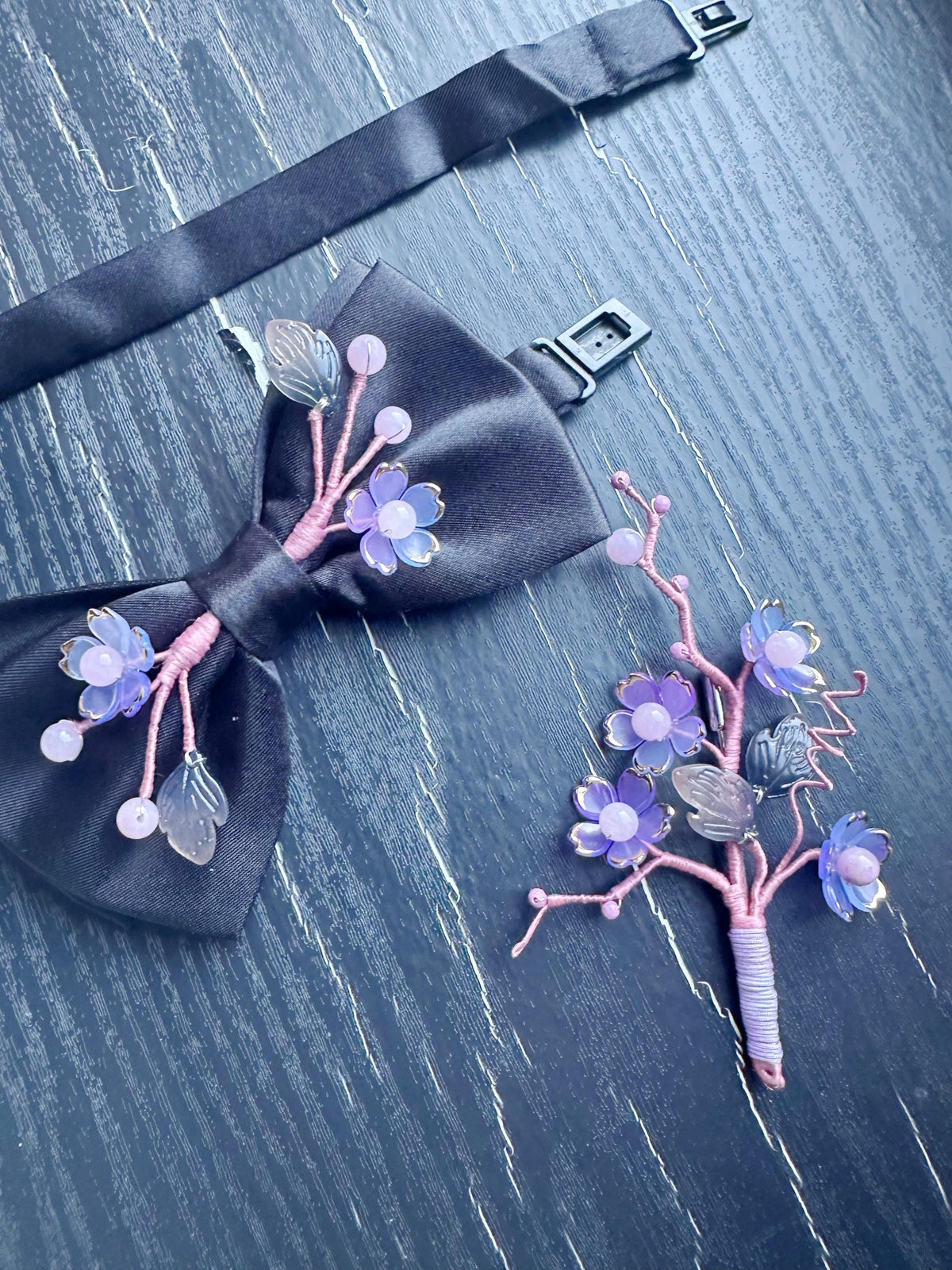 Handmade Bow Tie and brooch set for women Men,Boys – Black Satin Bow Tie flowers Blossom Branch – Asian Inspired Wedding Formal Accessory