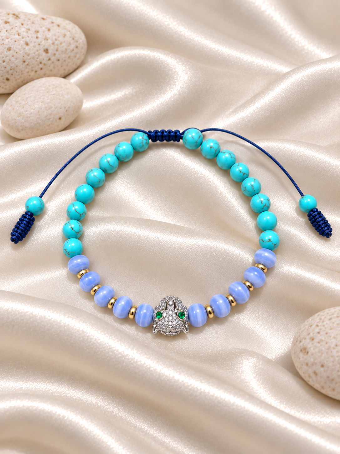 Handmade Bracelet for HIM OR HER. Made with turquoise, blue lace agate, 14K Gold Plated Spacer Beads. Leopard Charms Adjustable knotted Cord