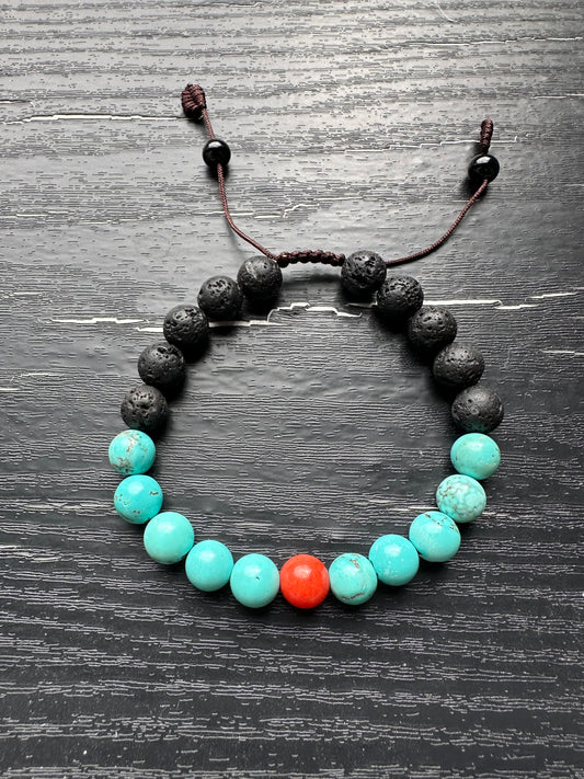 Bracelet For Men Natural Stone Beads 8mm Lava Rock with Turquoise and one piece coral in the middle with Stretch Bracelets Adjustable Bracelet for Men